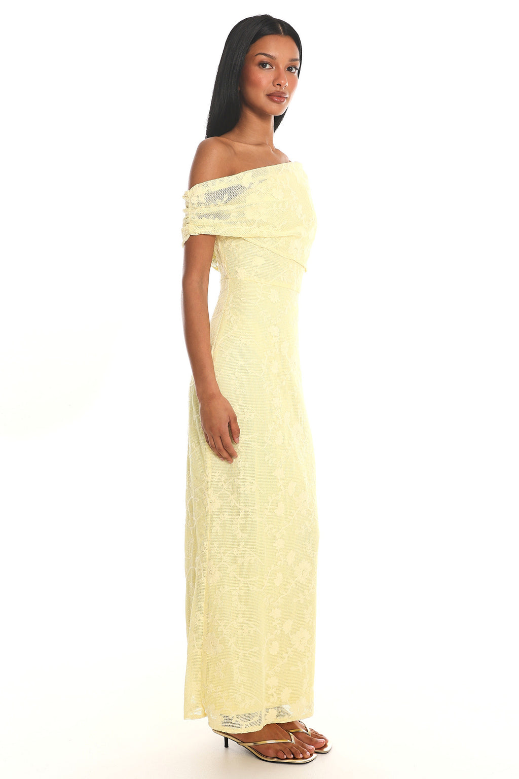 Elita Asymmetric Neckline Lace Maxi Dress Lemon by Selfie Leslie Australia