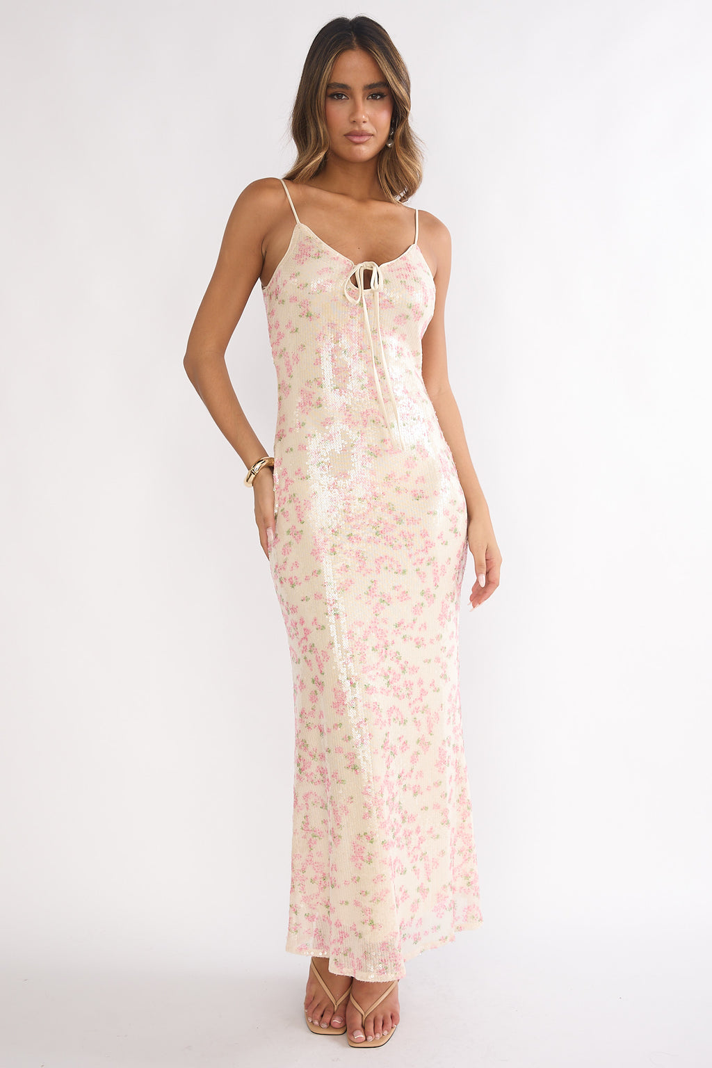Marielle Bust Tie Sequin Maxi Dress Floral Pink Sage by Selfie Leslie Australia