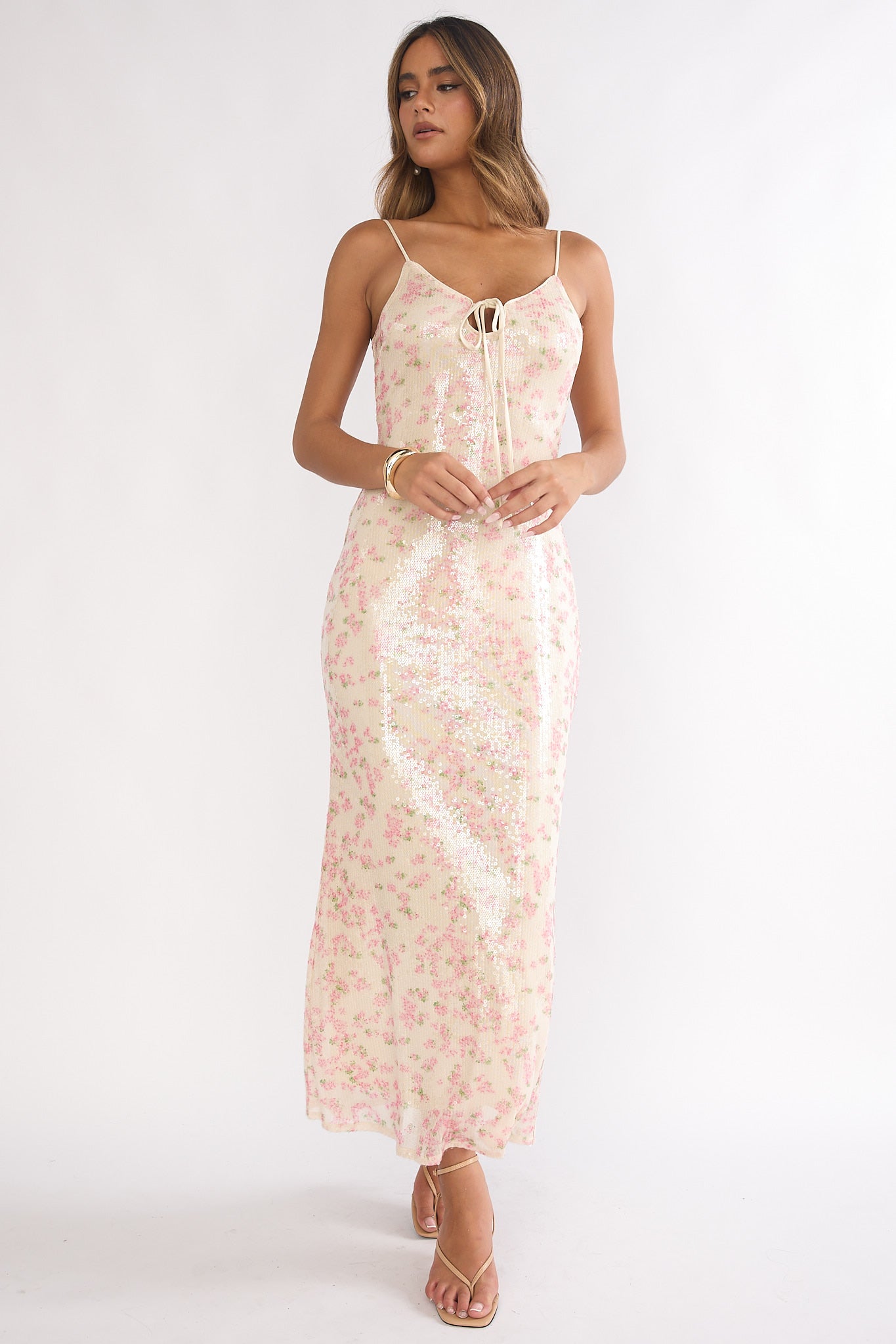 Marielle Bust Tie Sequin Maxi Dress Floral Pink Sage by Selfie Leslie Australia