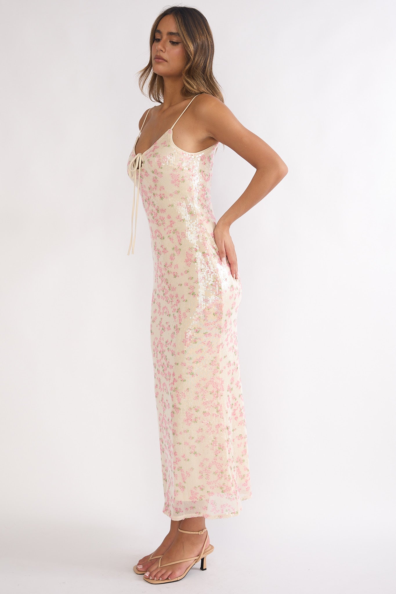 Marielle Bust Tie Sequin Maxi Dress Floral Pink Sage by Selfie Leslie Australia