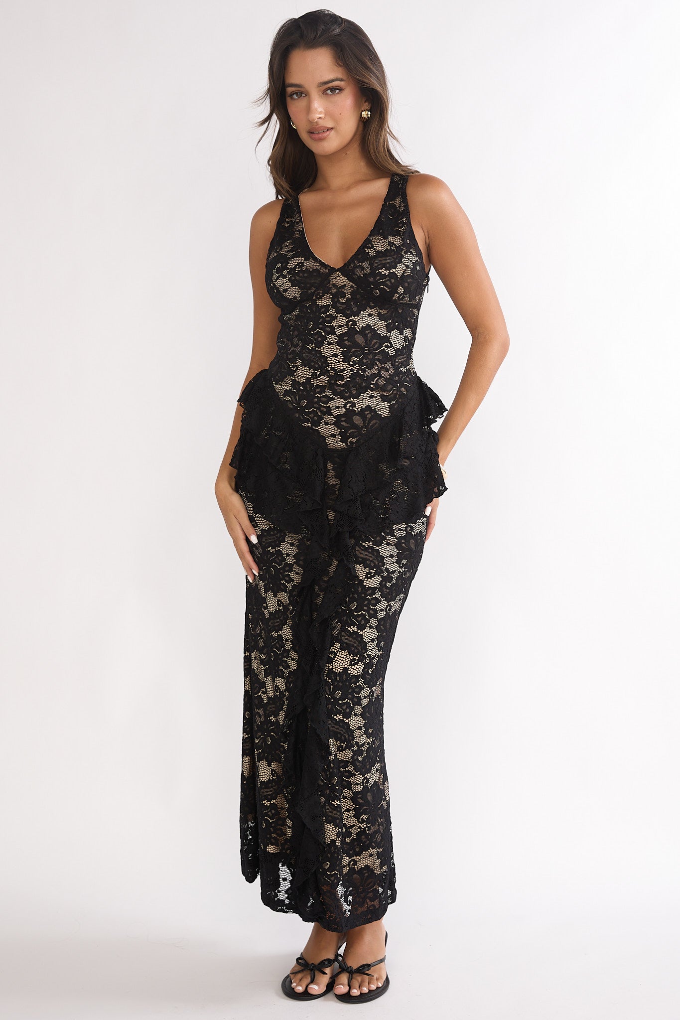 Serenella Peplum Lace Maxi Dress Black by Selfie Leslie Australia