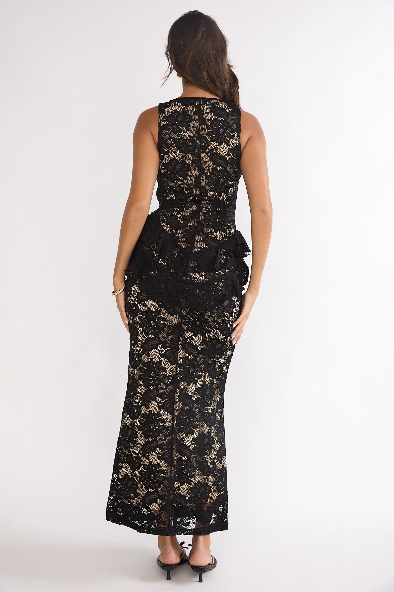 Serenella Peplum Lace Maxi Dress Black by Selfie Leslie Australia