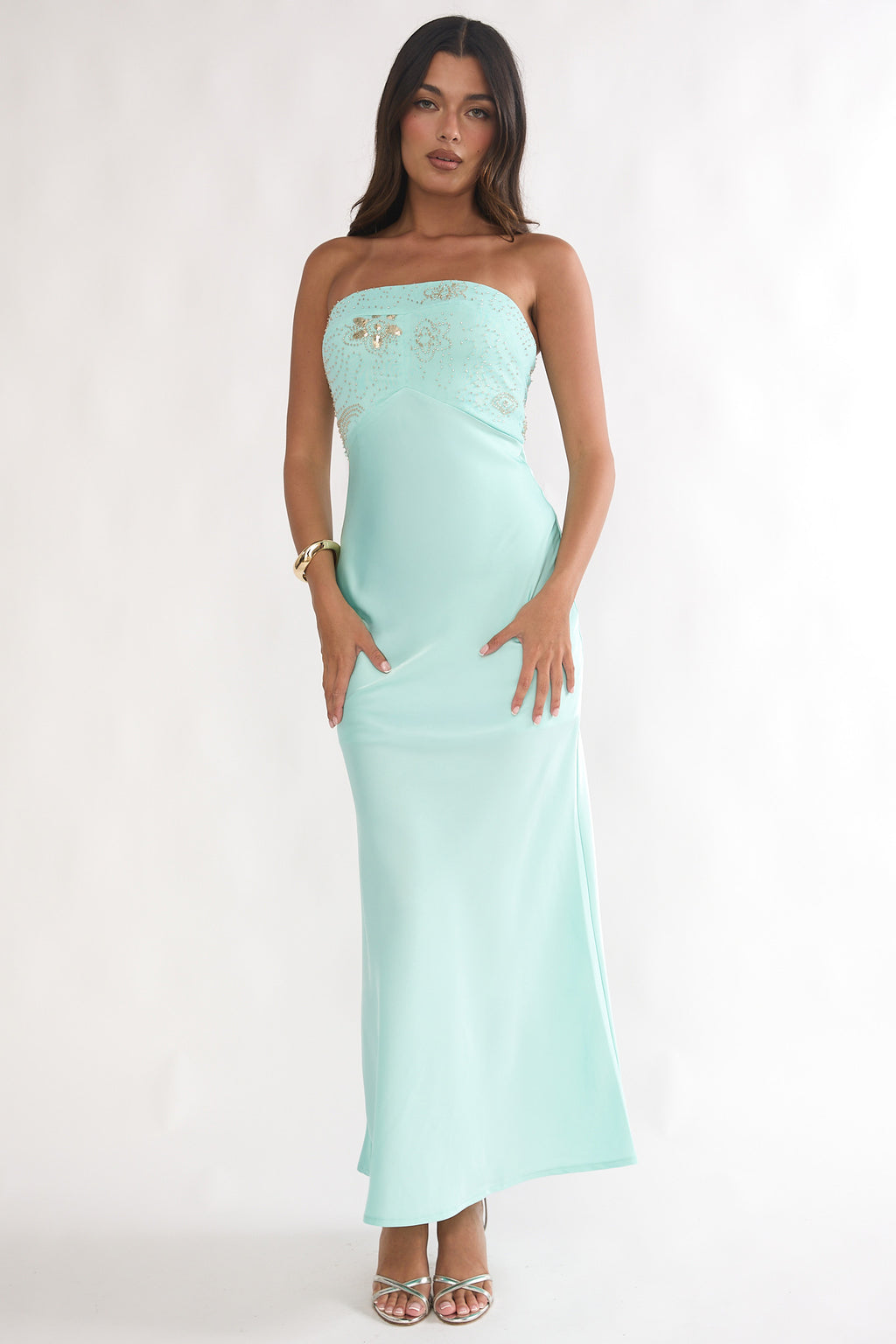 At Dusk Beaded Bust Strapless Maxi Dress Blue by Selfie Leslie Australia