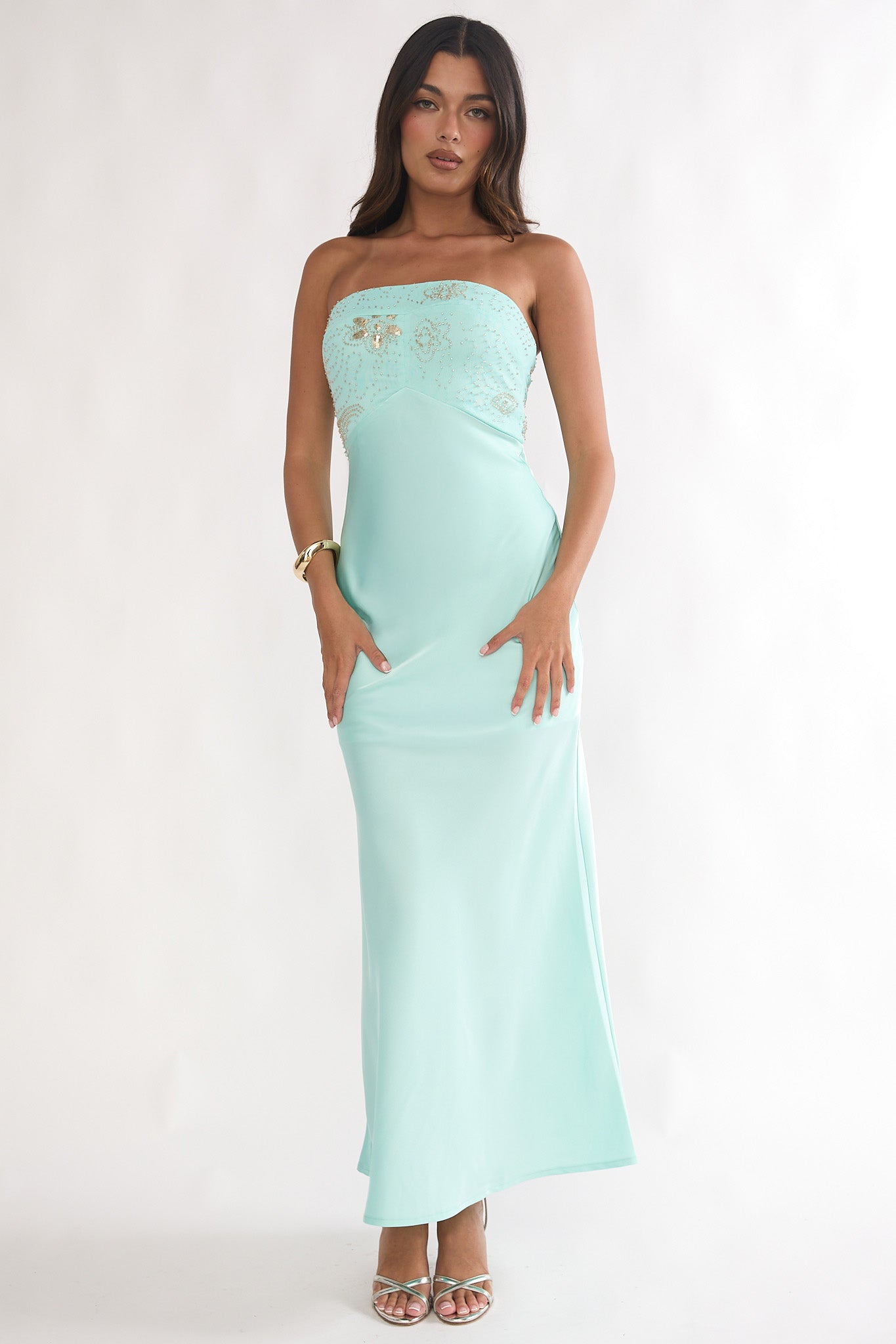 At Dusk Beaded Bust Strapless Maxi Dress Blue by Selfie Leslie Australia