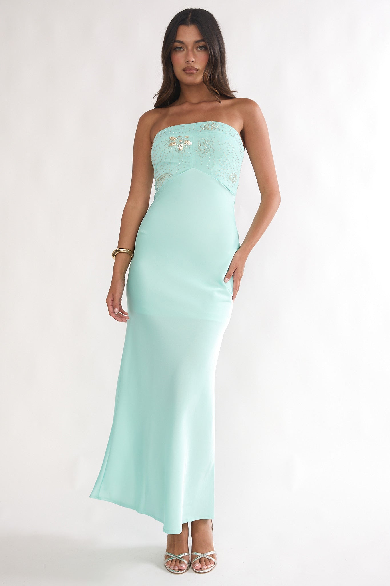 At Dusk Beaded Bust Strapless Maxi Dress Blue by Selfie Leslie Australia