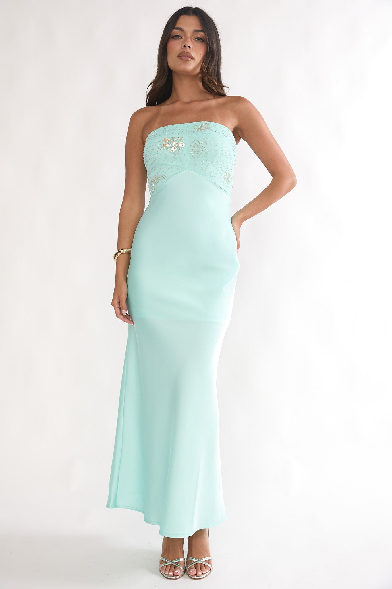 At Dusk Beaded Bust Strapless Maxi Dress Blue by Selfie Leslie Australia