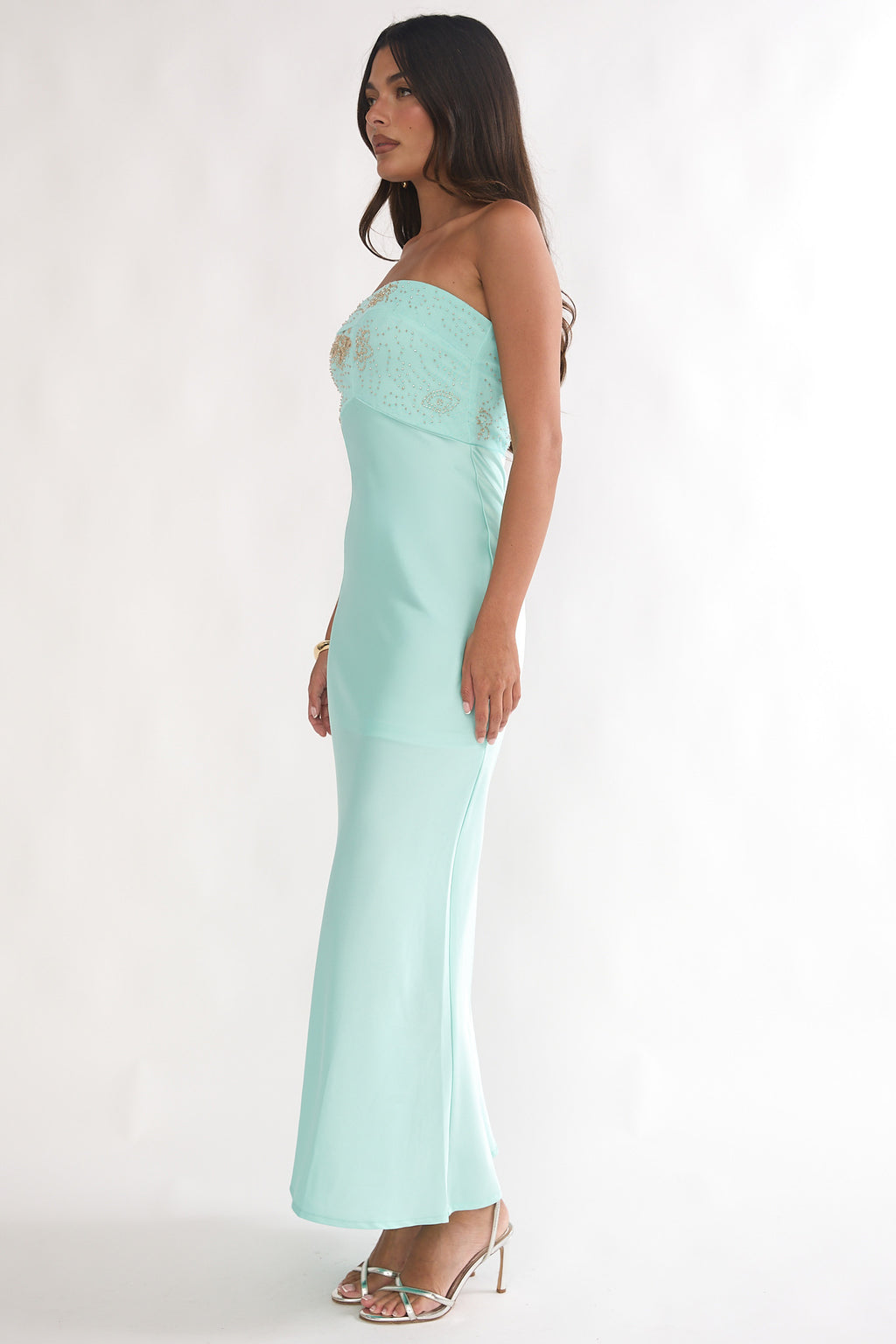 At Dusk Beaded Bust Strapless Maxi Dress Blue by Selfie Leslie Australia