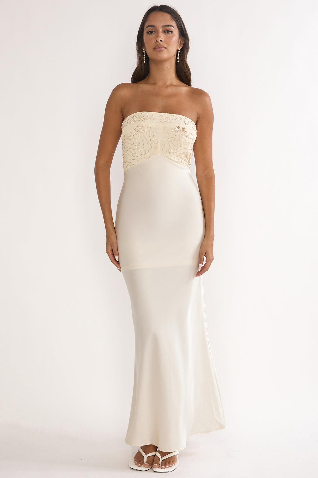 At Dusk Beaded Bust Strapless Maxi Dress Oyster by Selfie Leslie Australia
