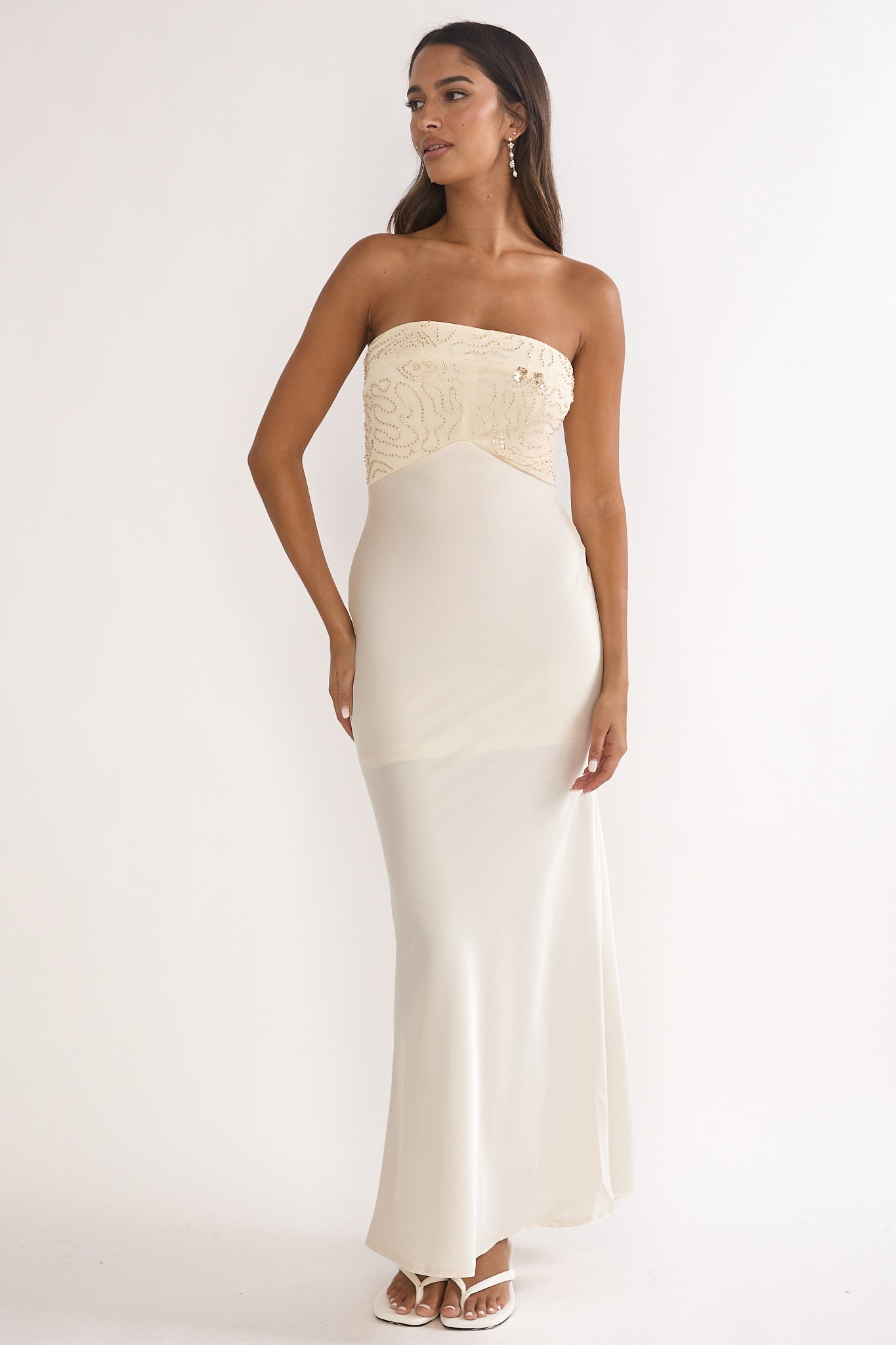 At Dusk Beaded Bust Strapless Maxi Dress Oyster by Selfie Leslie Australia