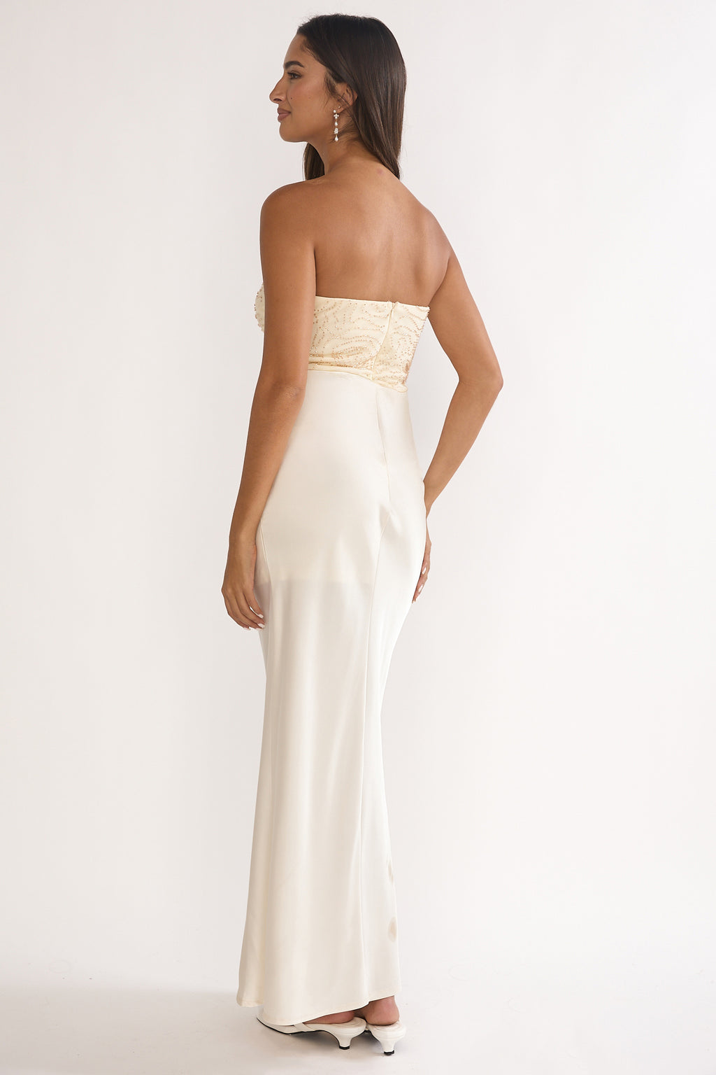 At Dusk Beaded Bust Strapless Maxi Dress Oyster by Selfie Leslie Australia