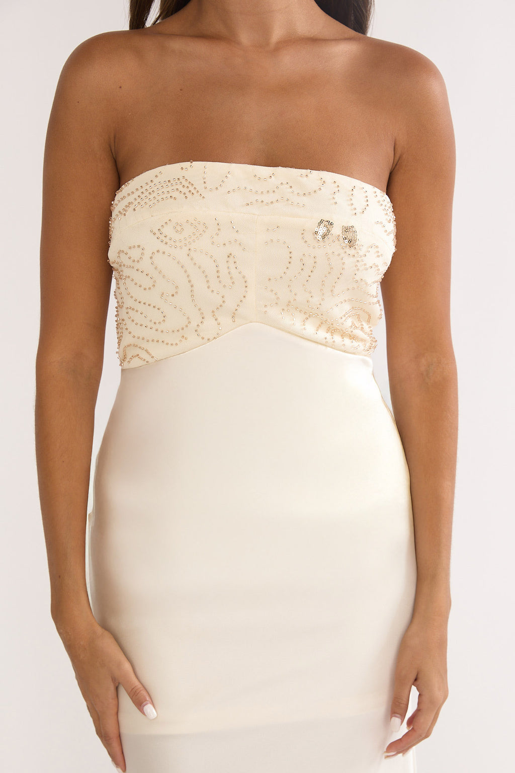 At Dusk Beaded Bust Strapless Maxi Dress Oyster by Selfie Leslie Australia