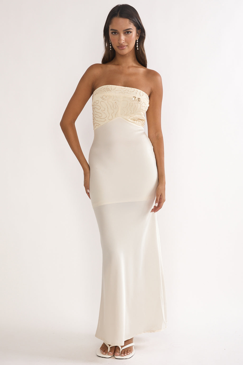 At Dusk Beaded Bust Strapless Maxi Dress Oyster by Selfie Leslie Australia