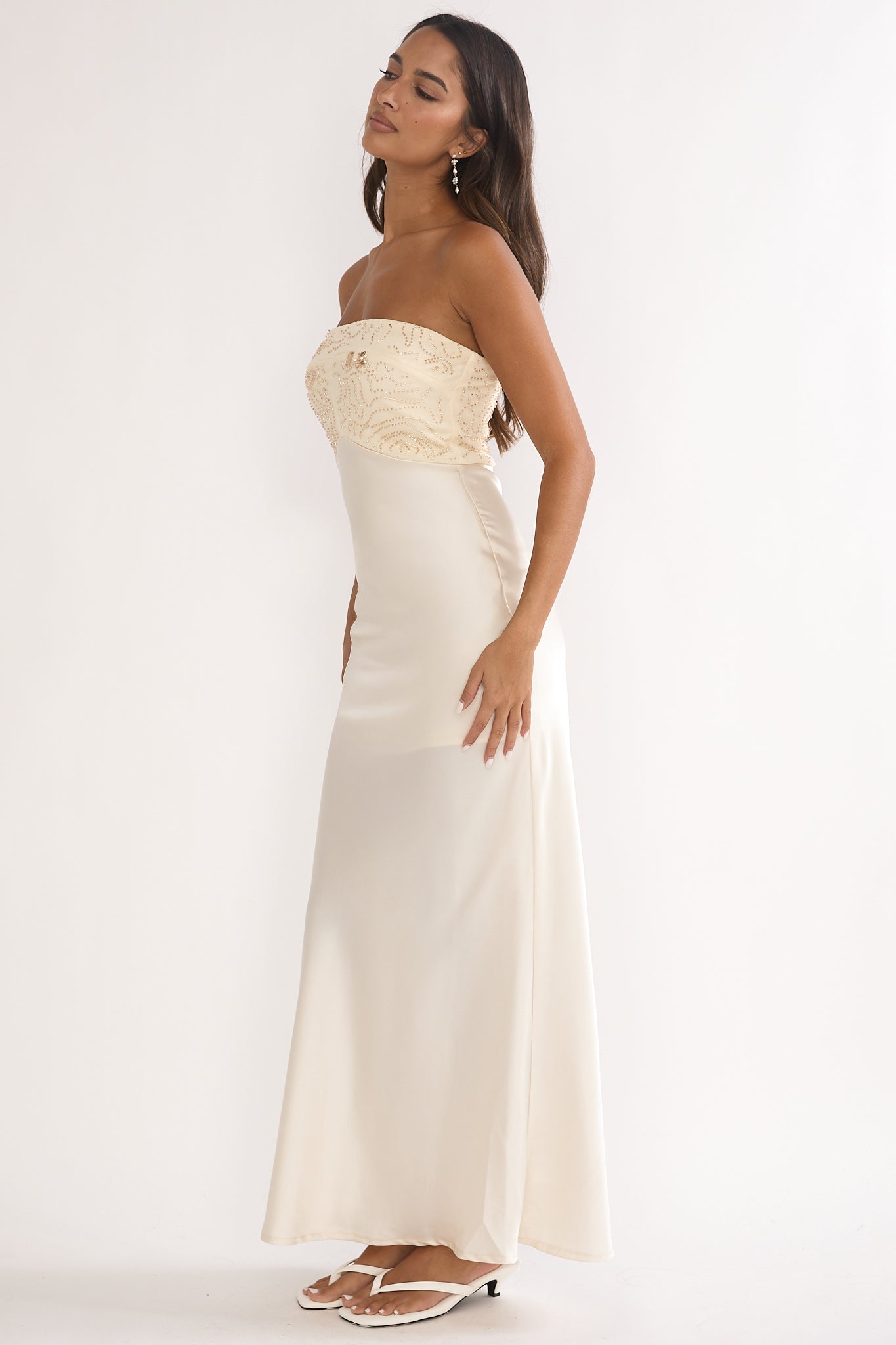 At Dusk Beaded Bust Strapless Maxi Dress Oyster by Selfie Leslie Australia