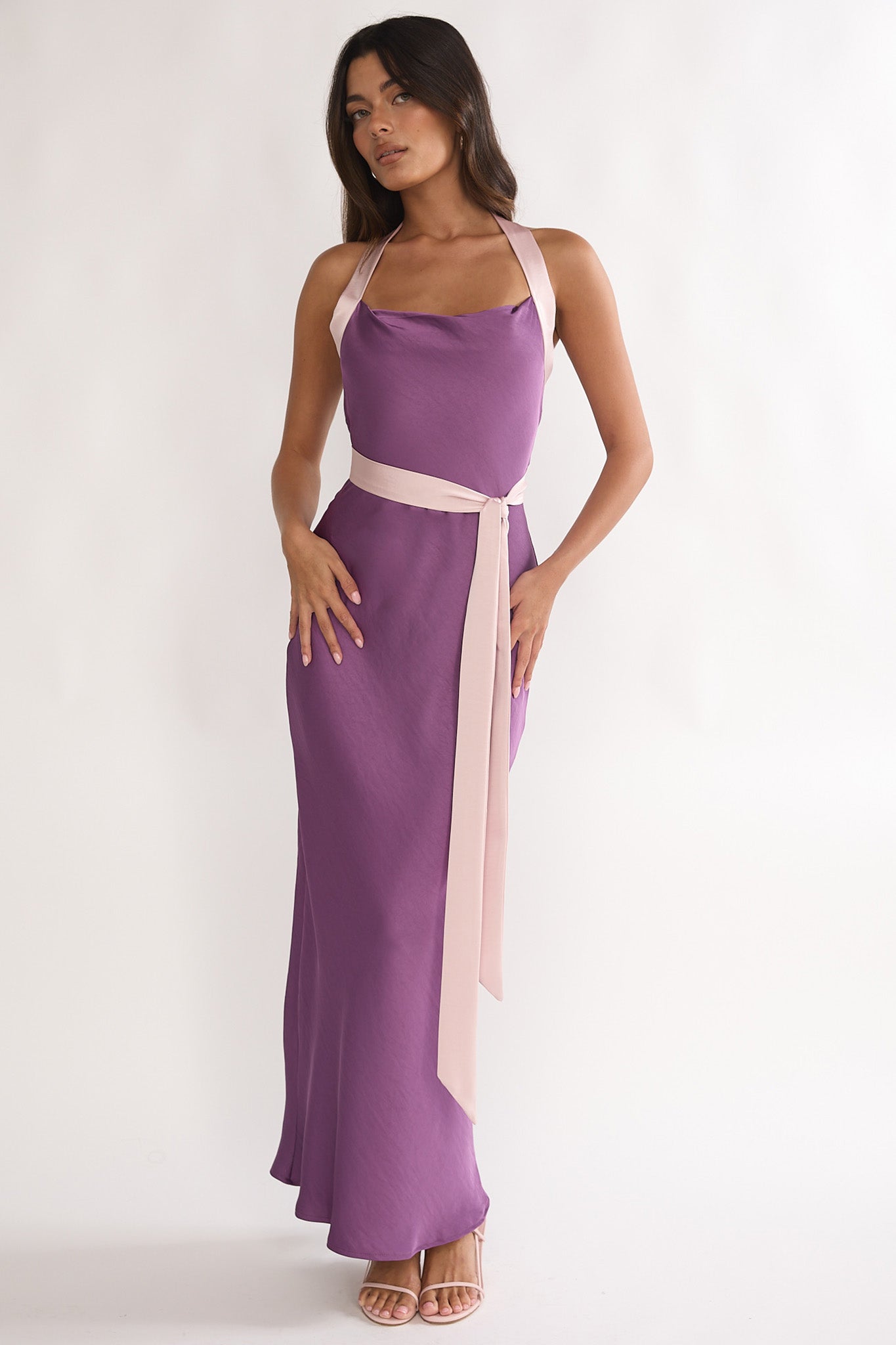 Elanah Waist Tie Halter Maxi Dress Grape by Selfie Leslie Australia
