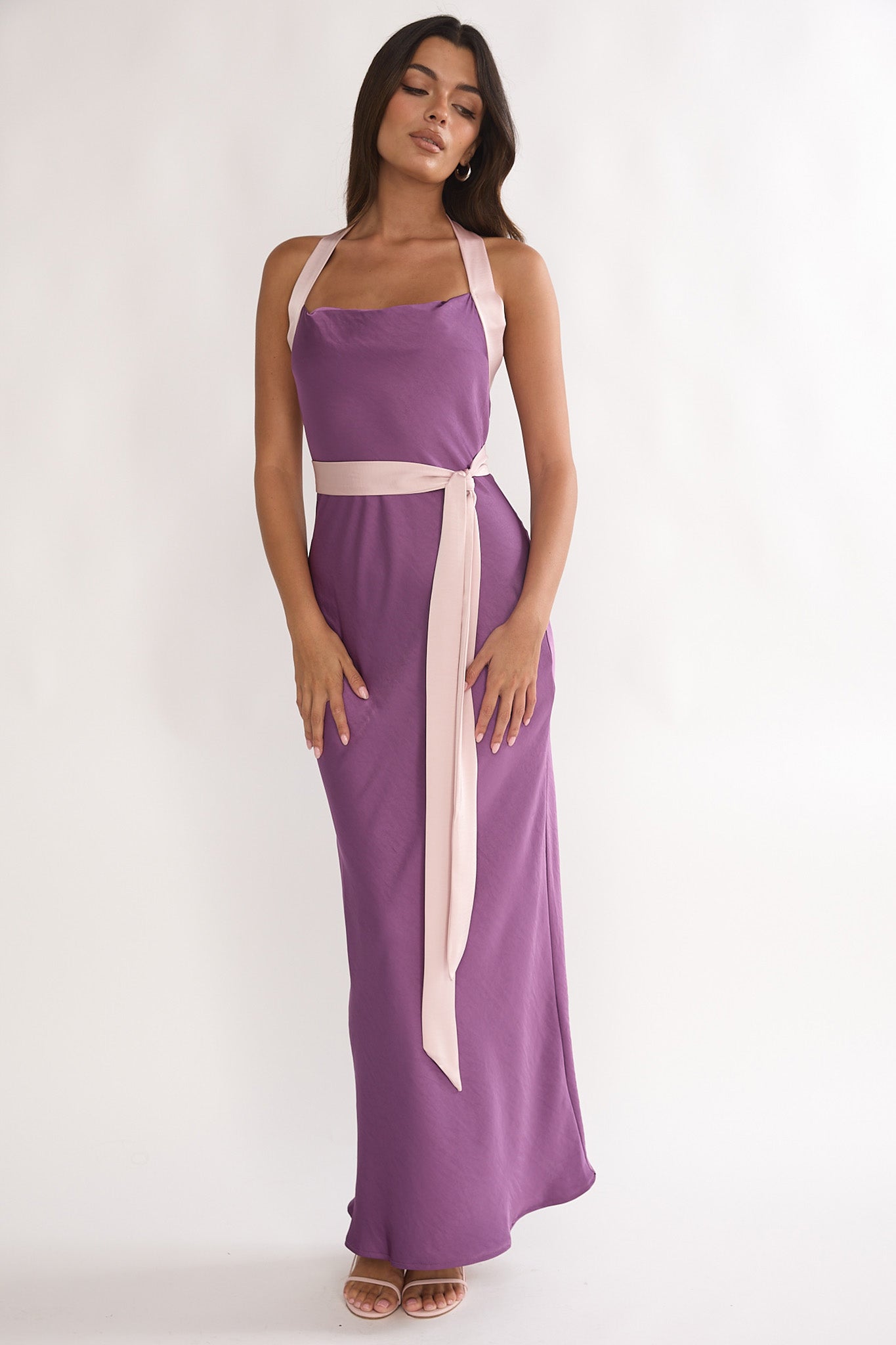 Elanah Waist Tie Halter Maxi Dress Grape by Selfie Leslie Australia