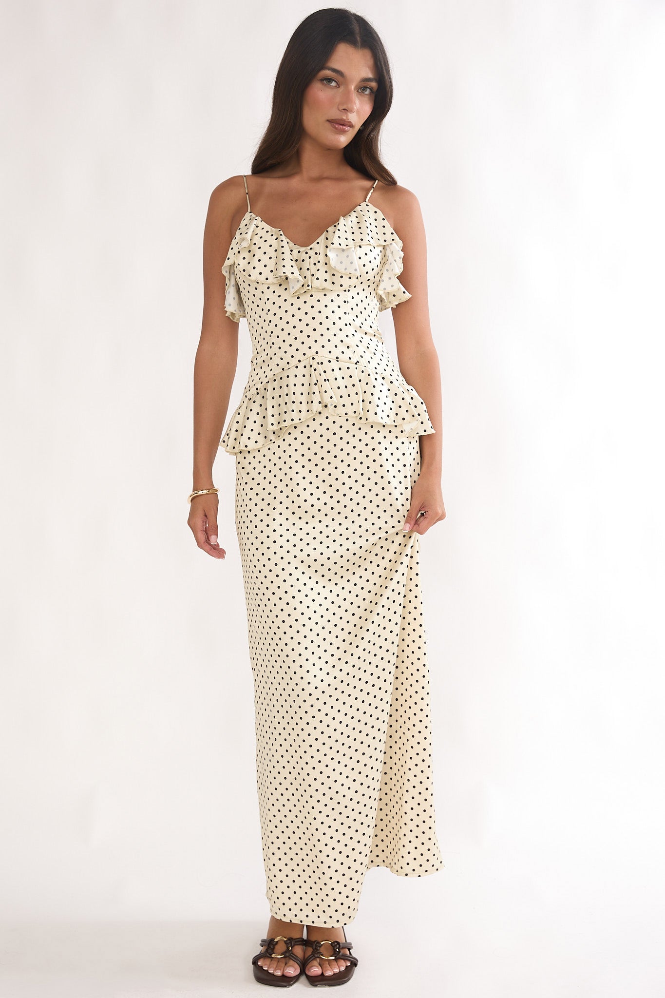 Tahlie Ruffle Trim Maxi Dress Polka Dot Butter by Selfie Leslie Australia