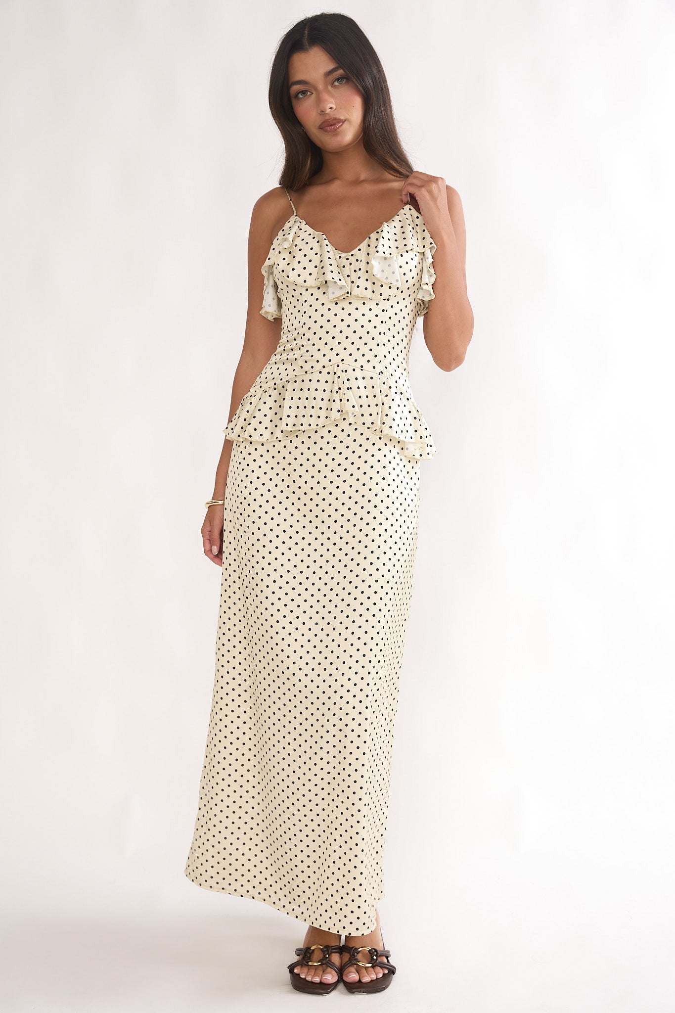 Tahlie Ruffle Trim Maxi Dress Polka Dot Butter by Selfie Leslie Australia