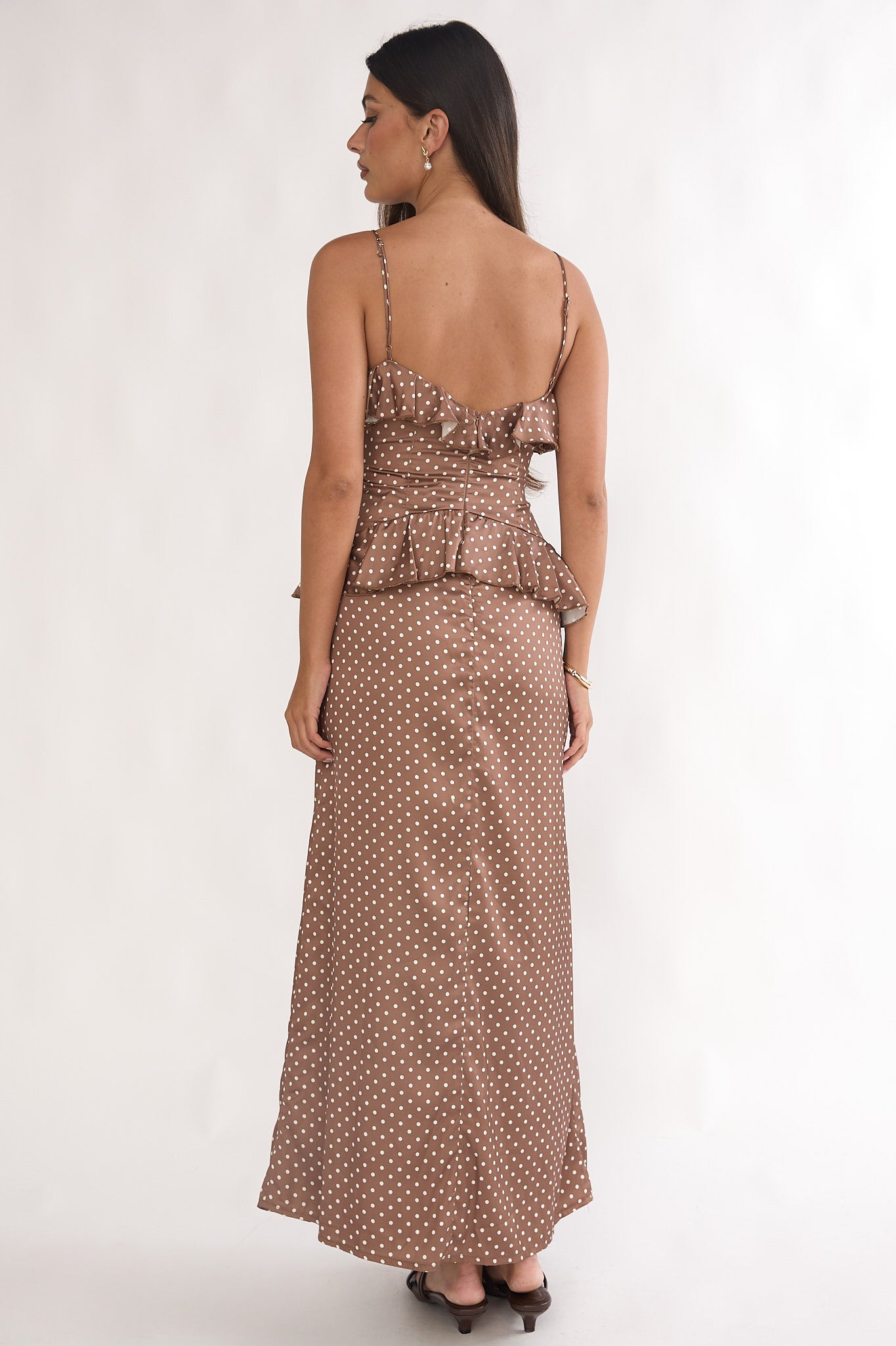 Tahlie Ruffle Trim Maxi Dress Polka Dot Mocha by Selfie Leslie Australia