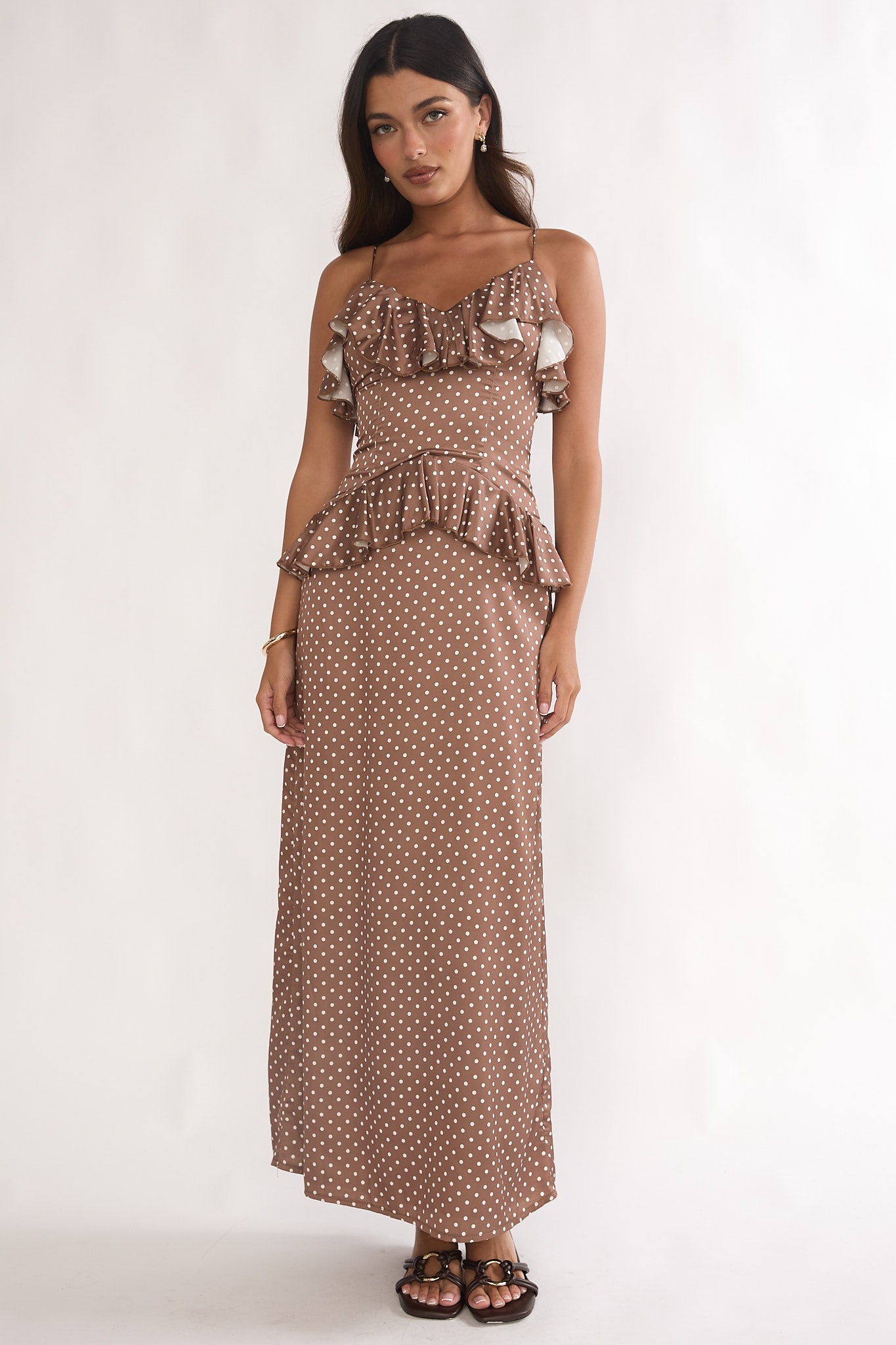 Tahlie Ruffle Trim Maxi Dress Polka Dot Mocha by Selfie Leslie Australia