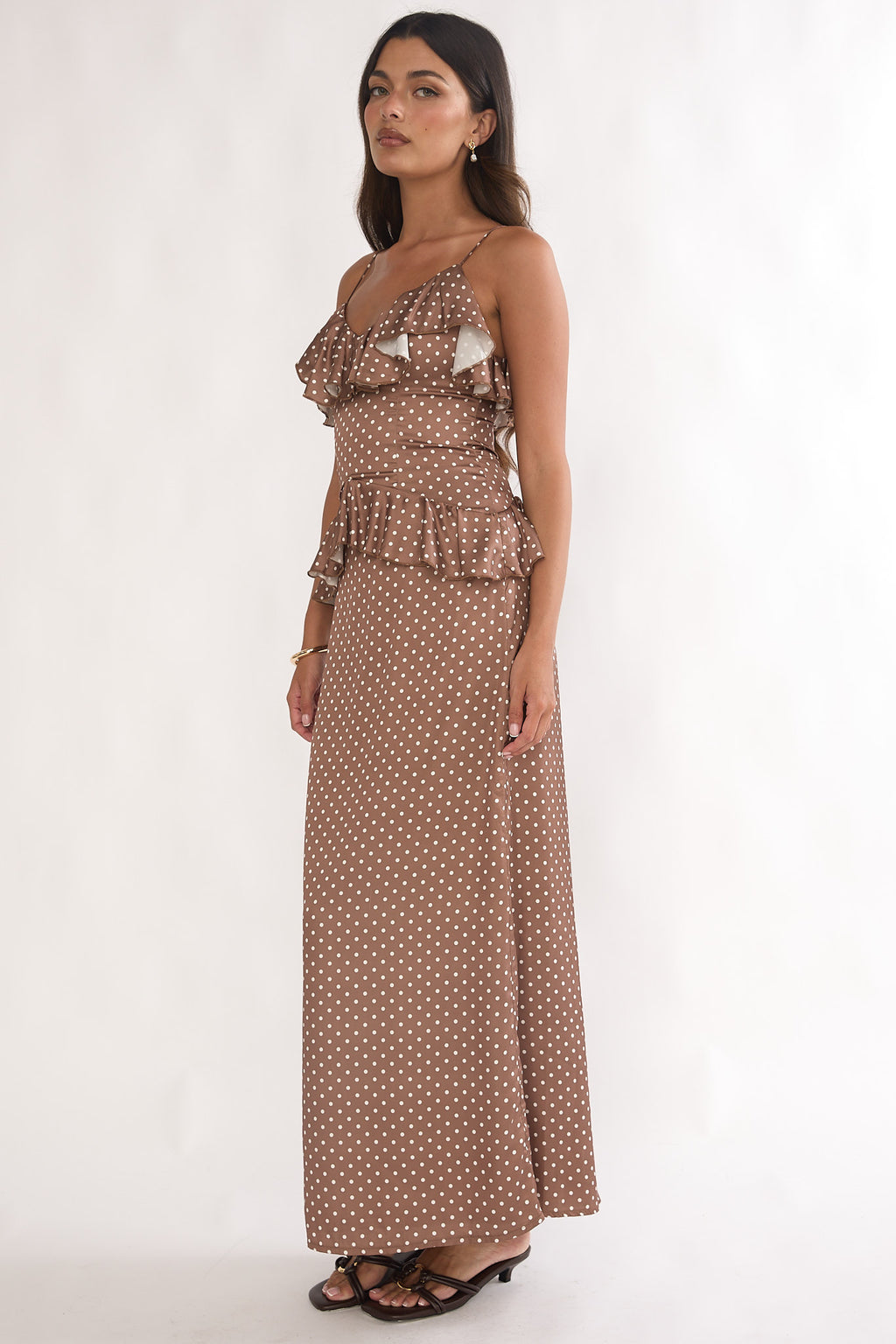 Tahlie Ruffle Trim Maxi Dress Polka Dot Mocha by Selfie Leslie Australia