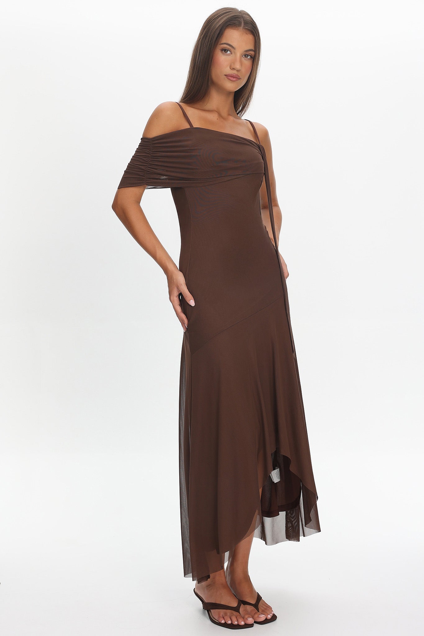 Millitah Asymmetric Hem Mesh Maxi Dress Chocolate by Selfie Leslie Australia