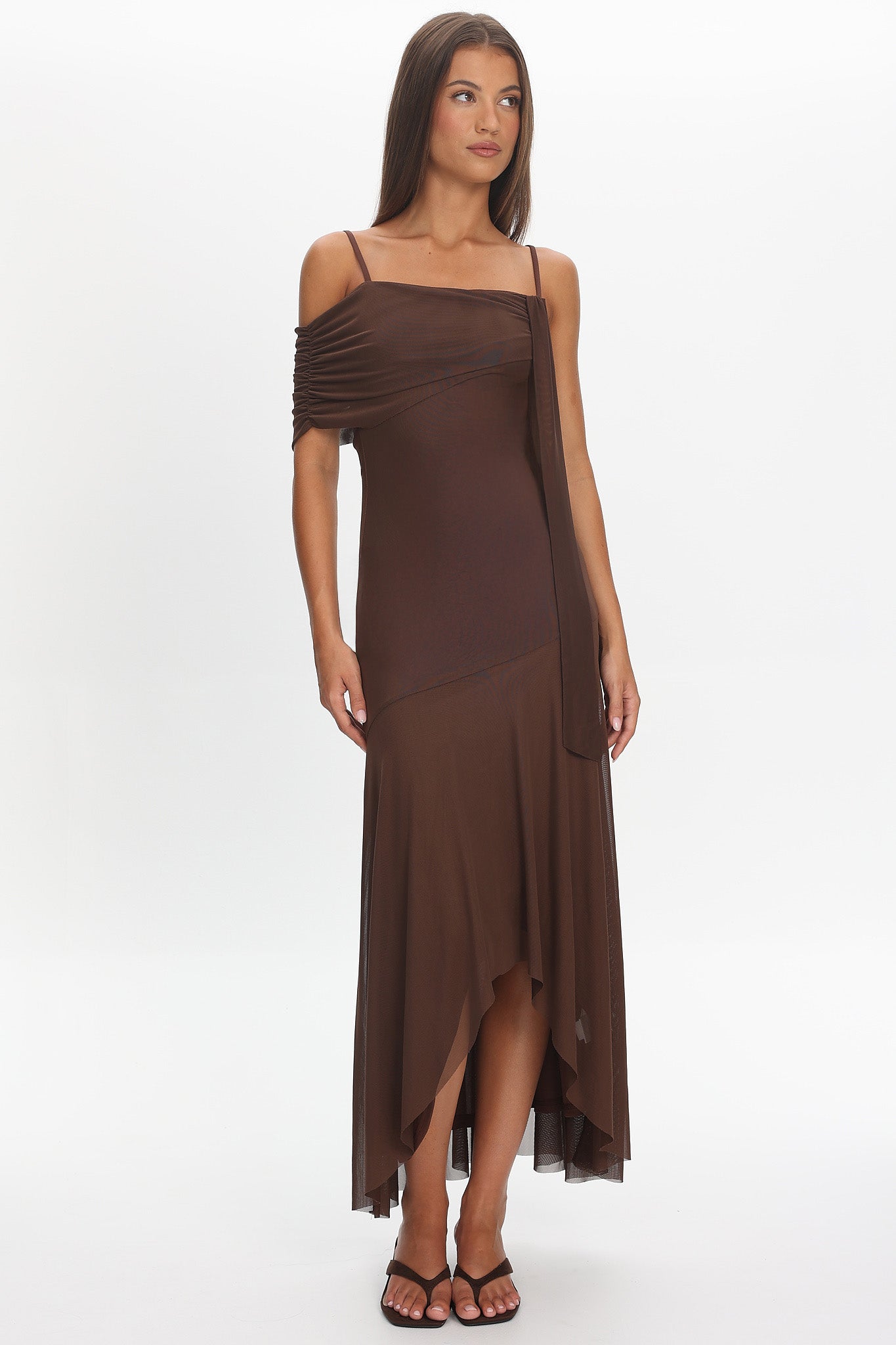 Millitah Asymmetric Hem Mesh Maxi Dress Chocolate by Selfie Leslie Australia
