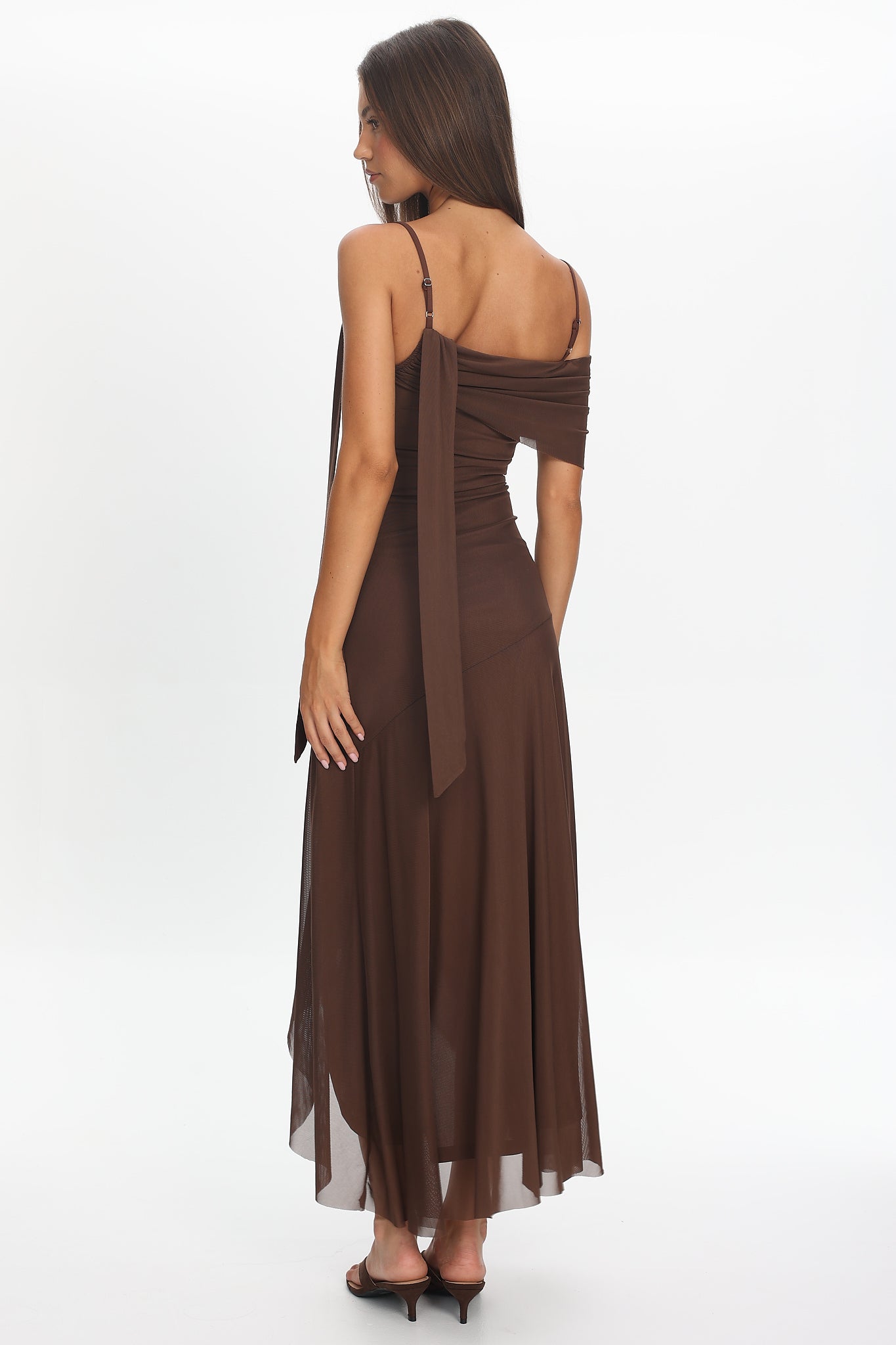 Millitah Asymmetric Hem Mesh Maxi Dress Chocolate by Selfie Leslie Australia