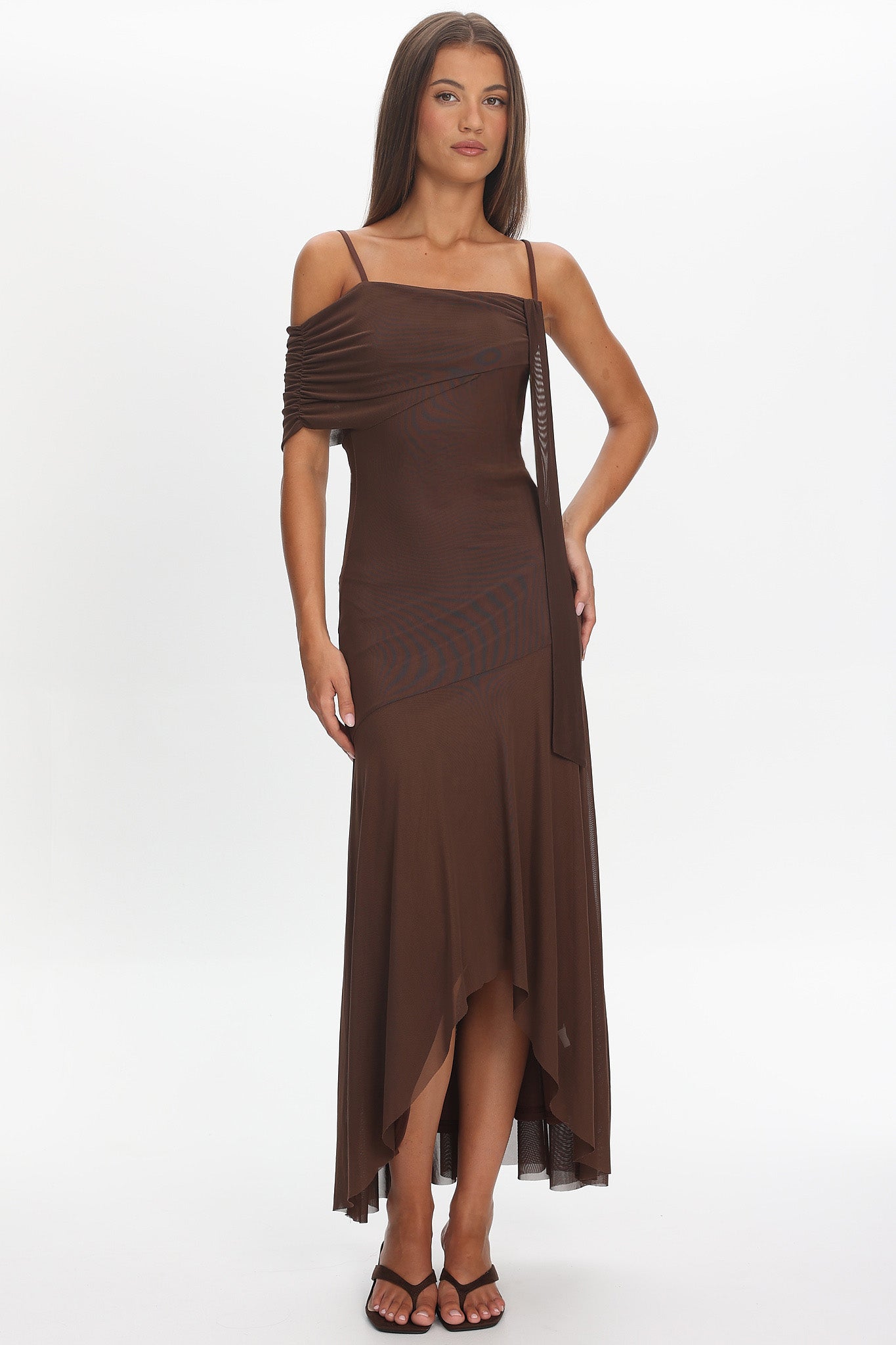 Millitah Asymmetric Hem Mesh Maxi Dress Chocolate by Selfie Leslie Australia