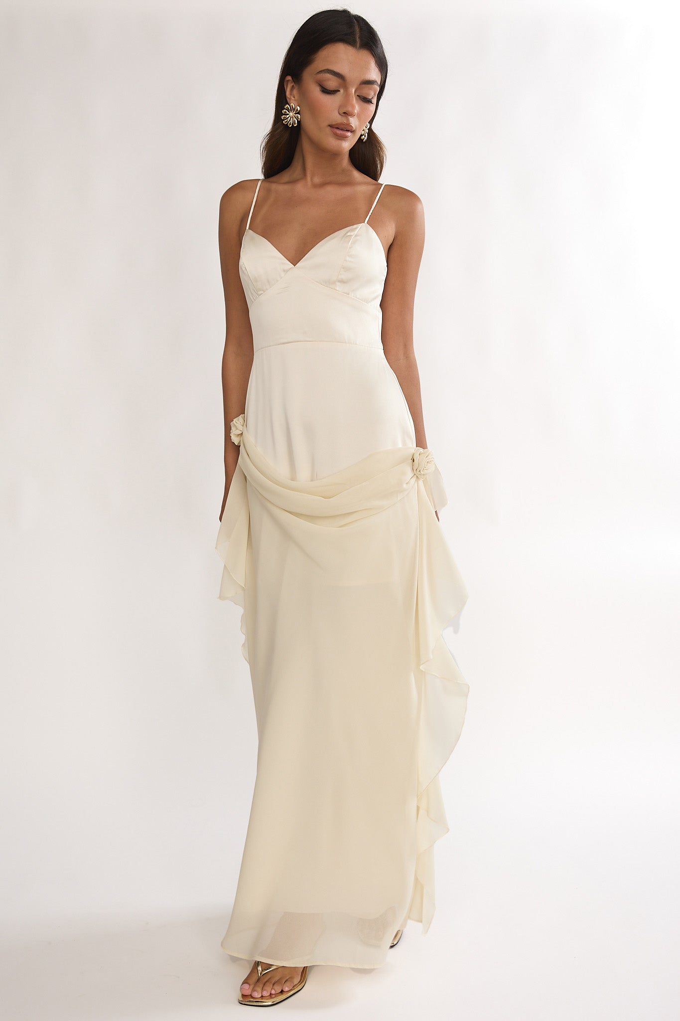 Rivena Rosette Chiffon Drape Maxi Dress Oyster by Selfie Leslie Australia