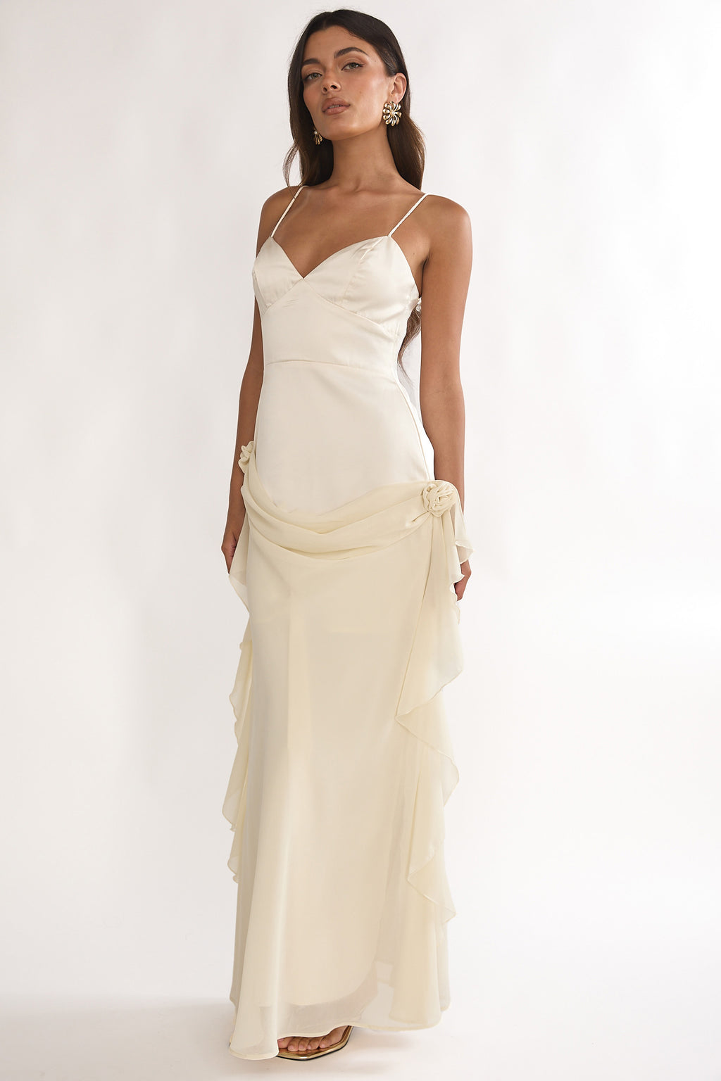 Rivena Rosette Chiffon Drape Maxi Dress Oyster by Selfie Leslie Australia