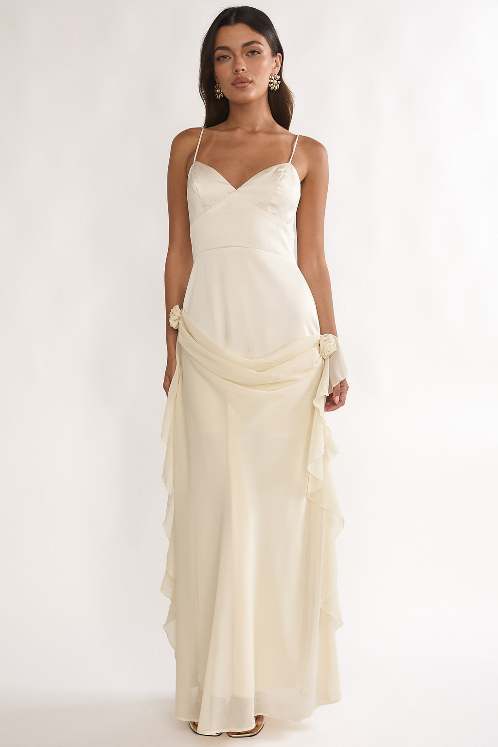 Rivena Rosette Chiffon Drape Maxi Dress Oyster by Selfie Leslie Australia