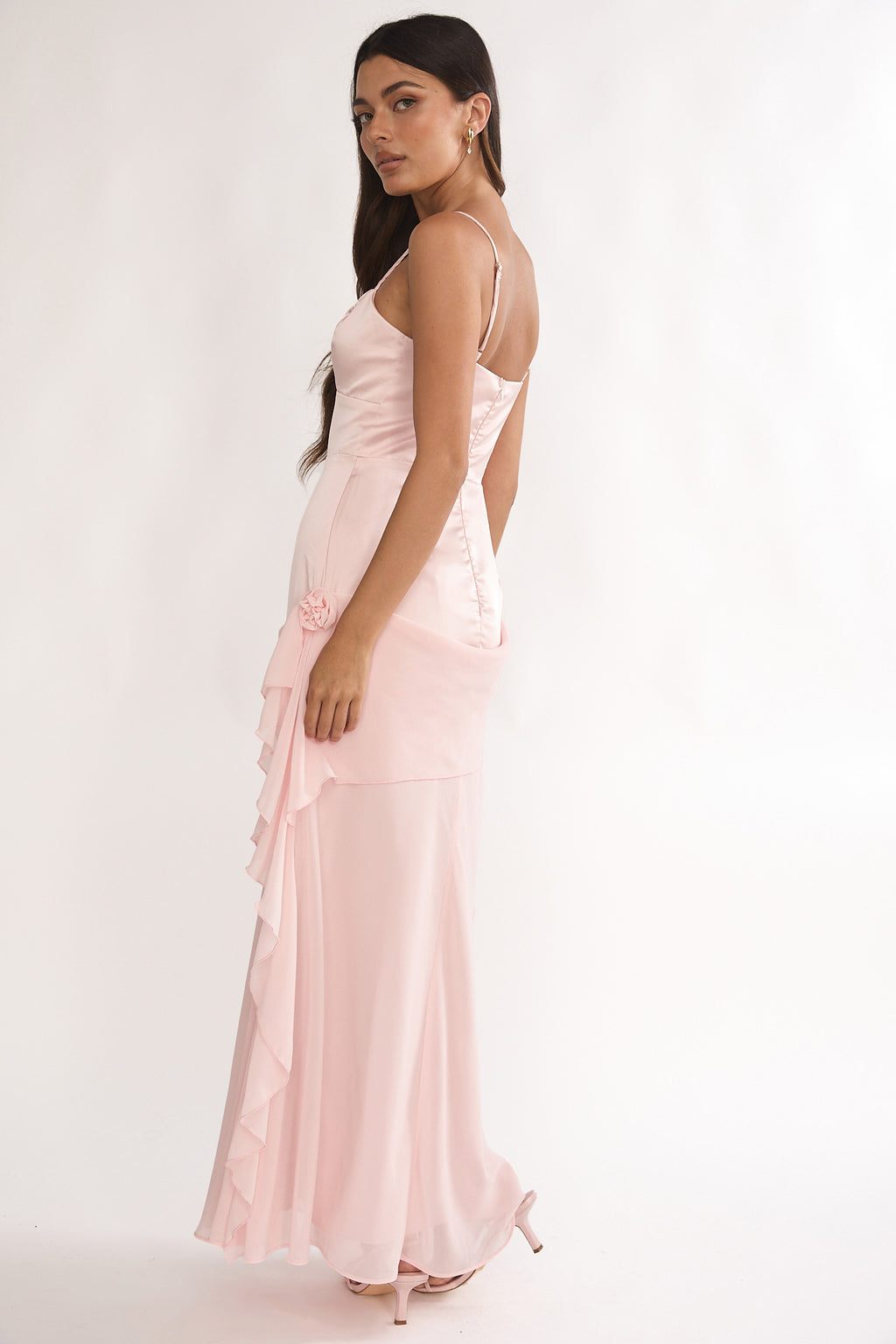 Rivena Rosette Chiffon Drape Maxi Dress Pink by Selfie Leslie Australia
