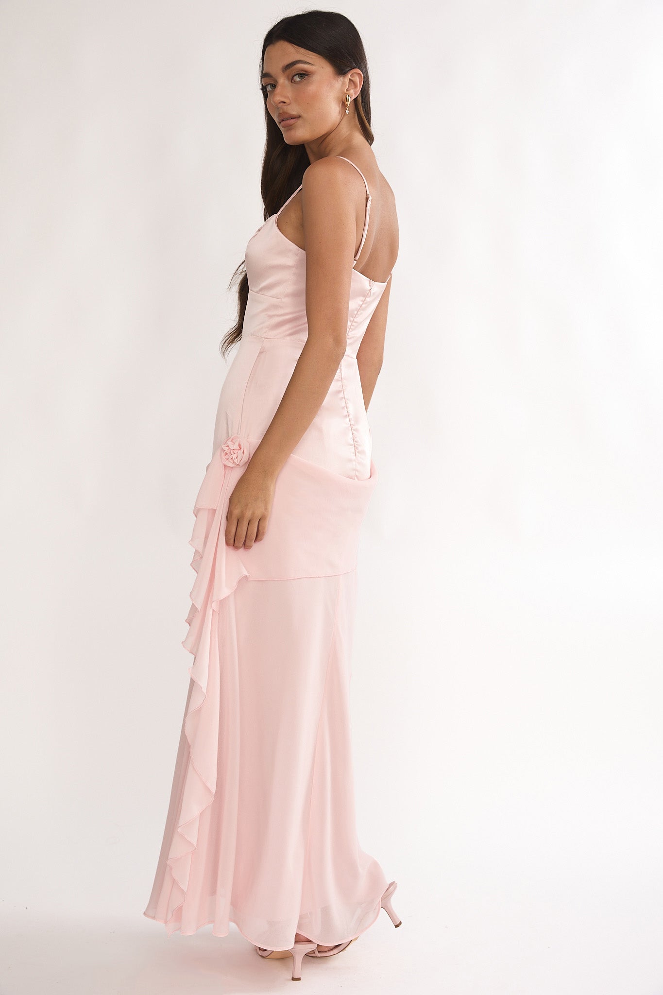 Rivena Rosette Chiffon Drape Maxi Dress Pink by Selfie Leslie Australia