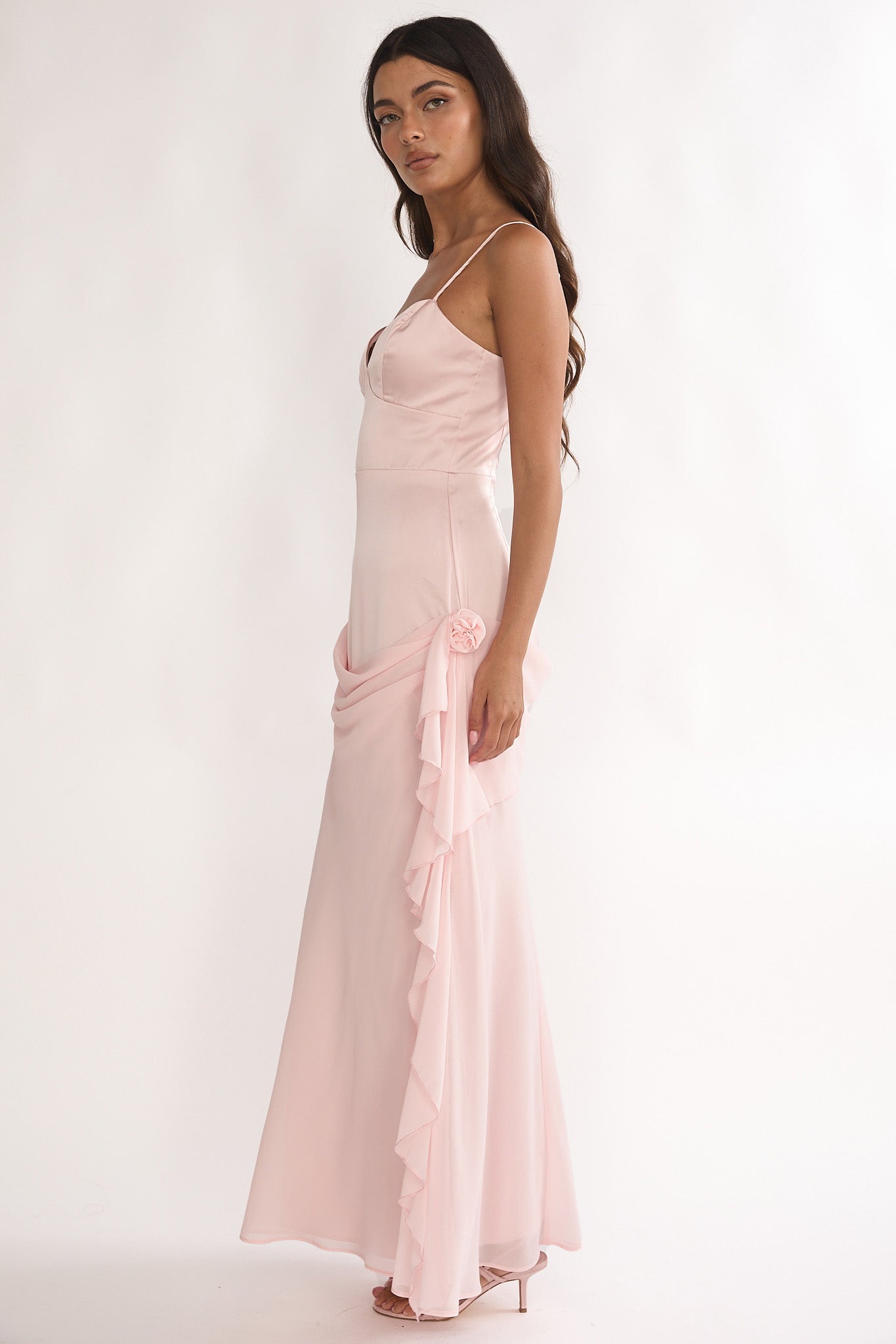 Rivena Rosette Chiffon Drape Maxi Dress Pink by Selfie Leslie Australia
