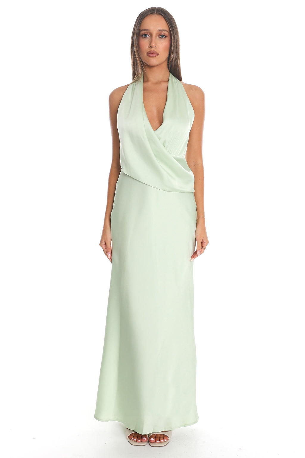 Jelina Draped Halter Maxi Dress Pistachio