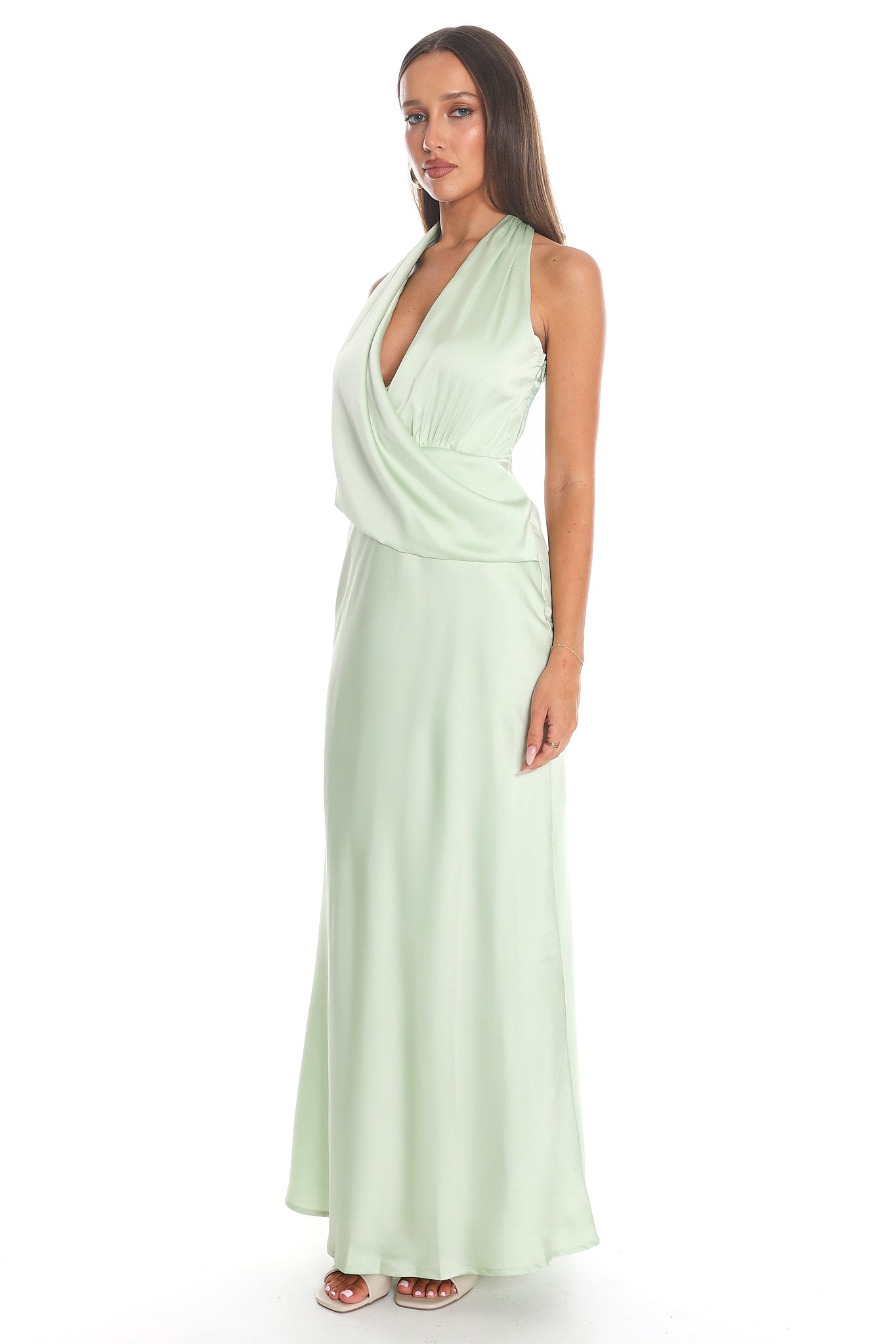 Jelina Draped Halter Maxi Dress Pistachio