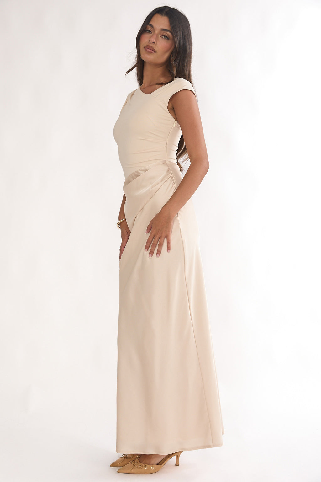 Brinelle Side Pleat Maxi Dress Ecru by Selfie Leslie Australia