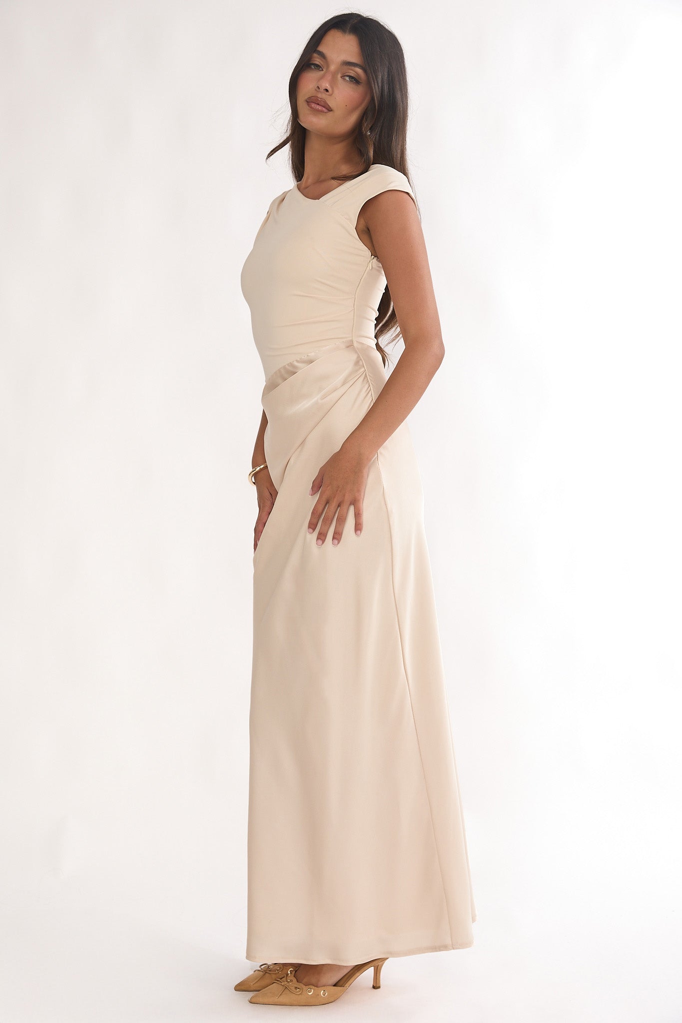 Brinelle Side Pleat Maxi Dress Ecru by Selfie Leslie Australia