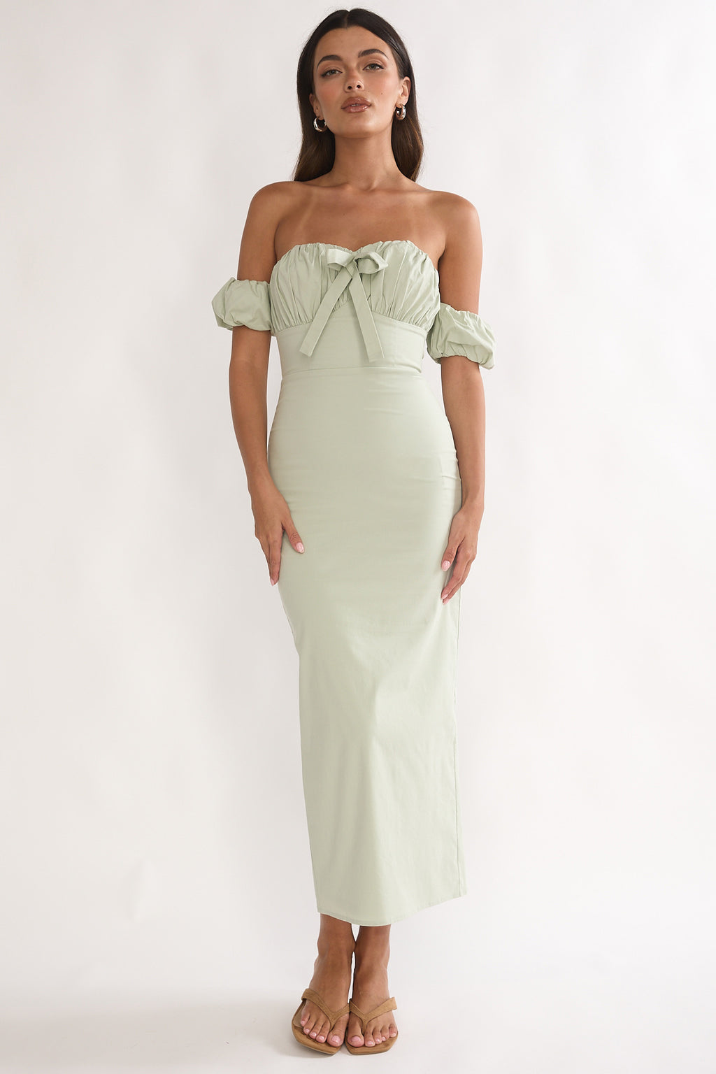 Maelis Off-Shoulder Puff Sleeve Maxi Dress Sage by Selfie Leslie Australia