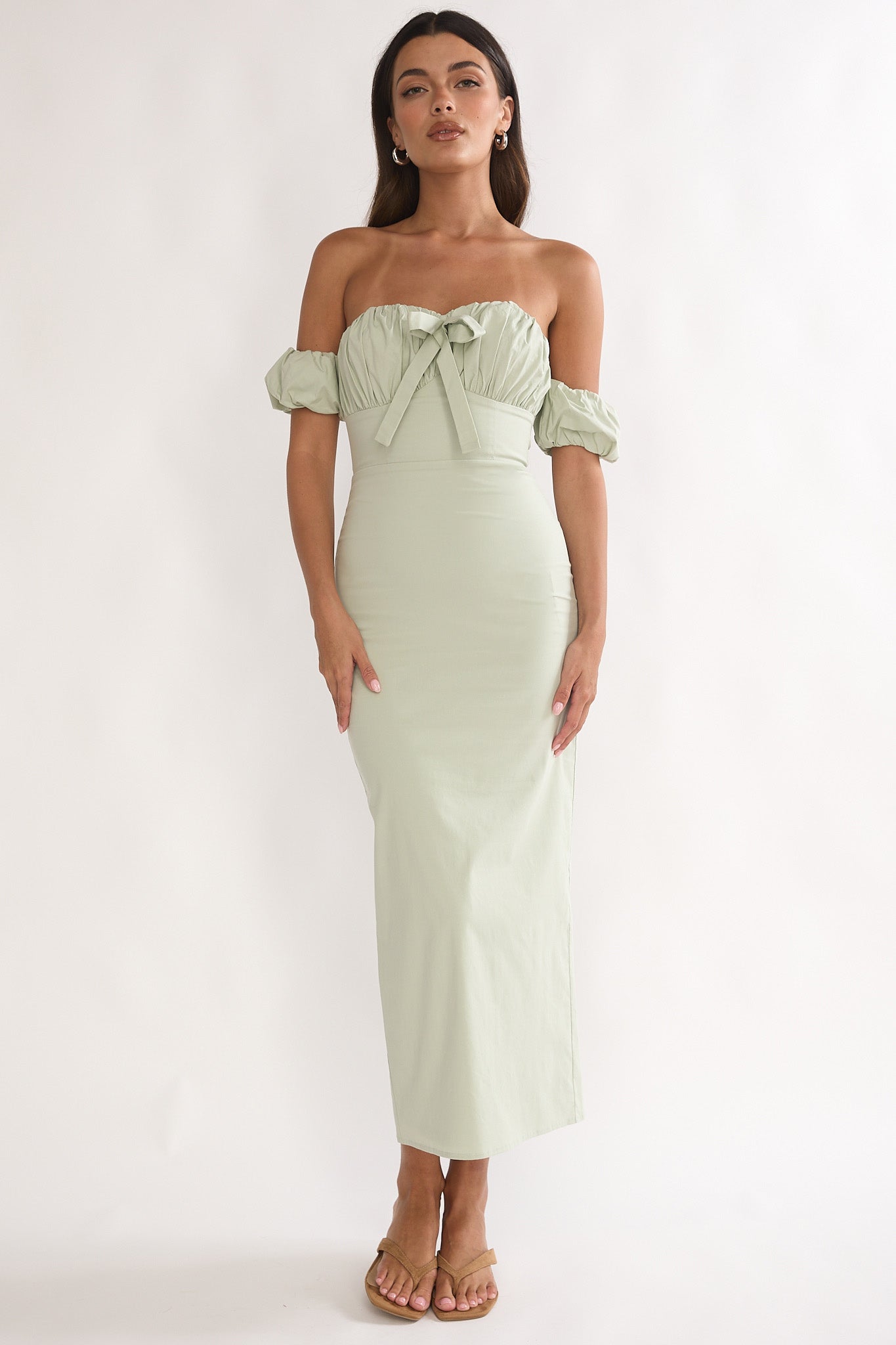 Maelis Off-Shoulder Puff Sleeve Maxi Dress Sage by Selfie Leslie Australia