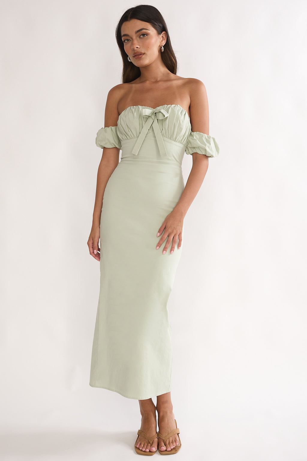 Maelis Off-Shoulder Puff Sleeve Maxi Dress Sage by Selfie Leslie Australia