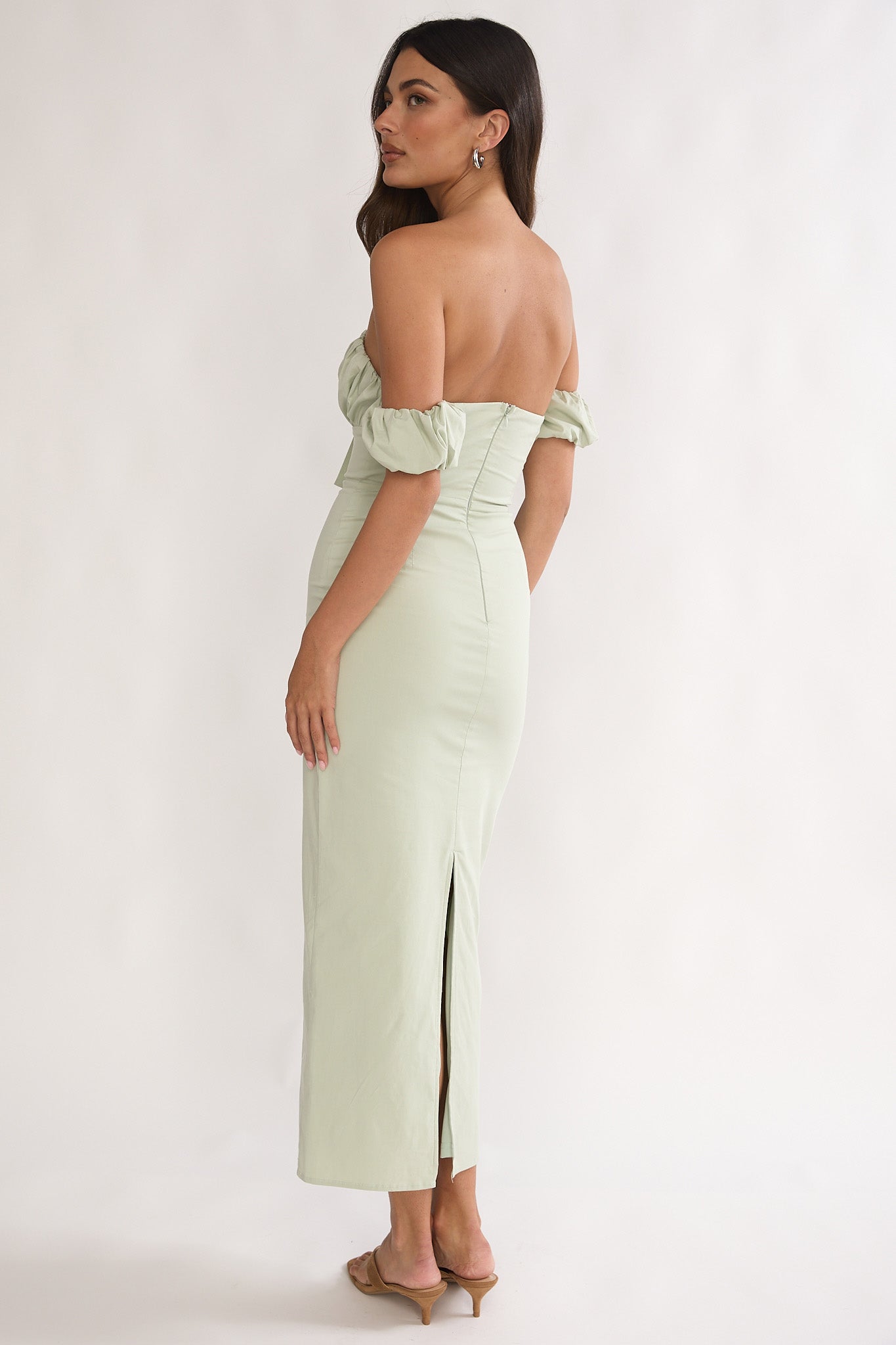 Maelis Off-Shoulder Puff Sleeve Maxi Dress Sage by Selfie Leslie Australia
