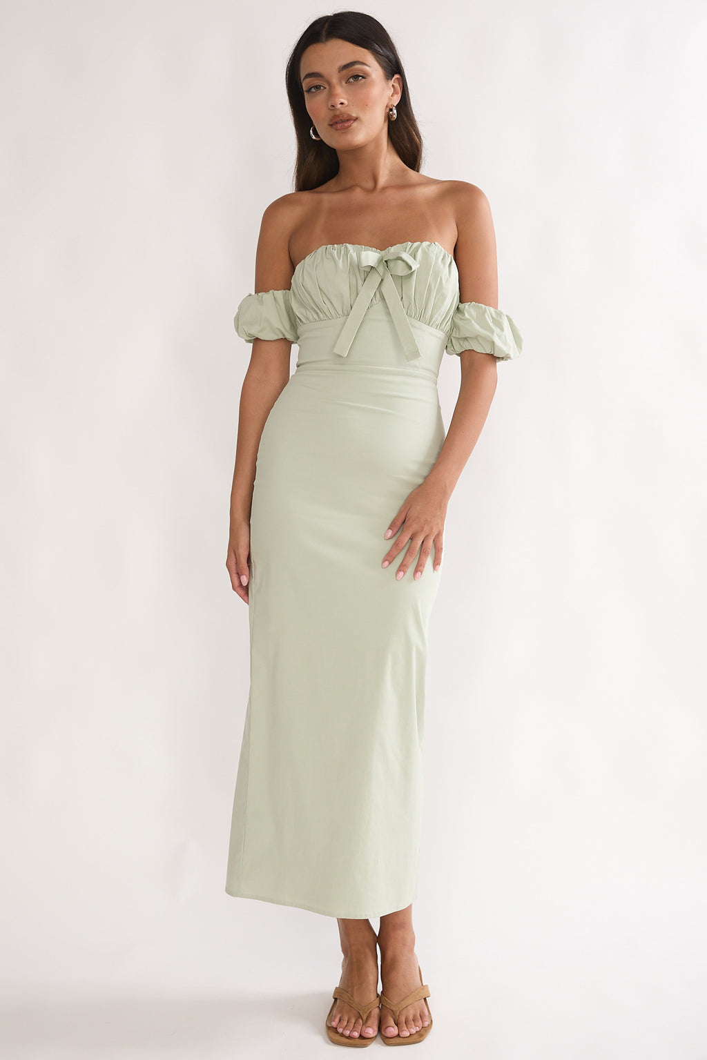 Maelis Off-Shoulder Puff Sleeve Maxi Dress Sage by Selfie Leslie Australia