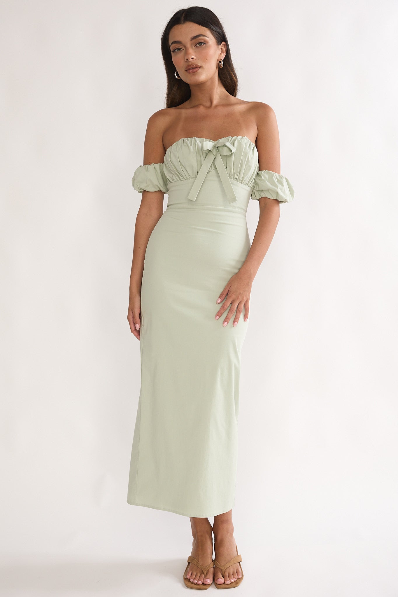 Maelis Off-Shoulder Puff Sleeve Maxi Dress Sage by Selfie Leslie Australia