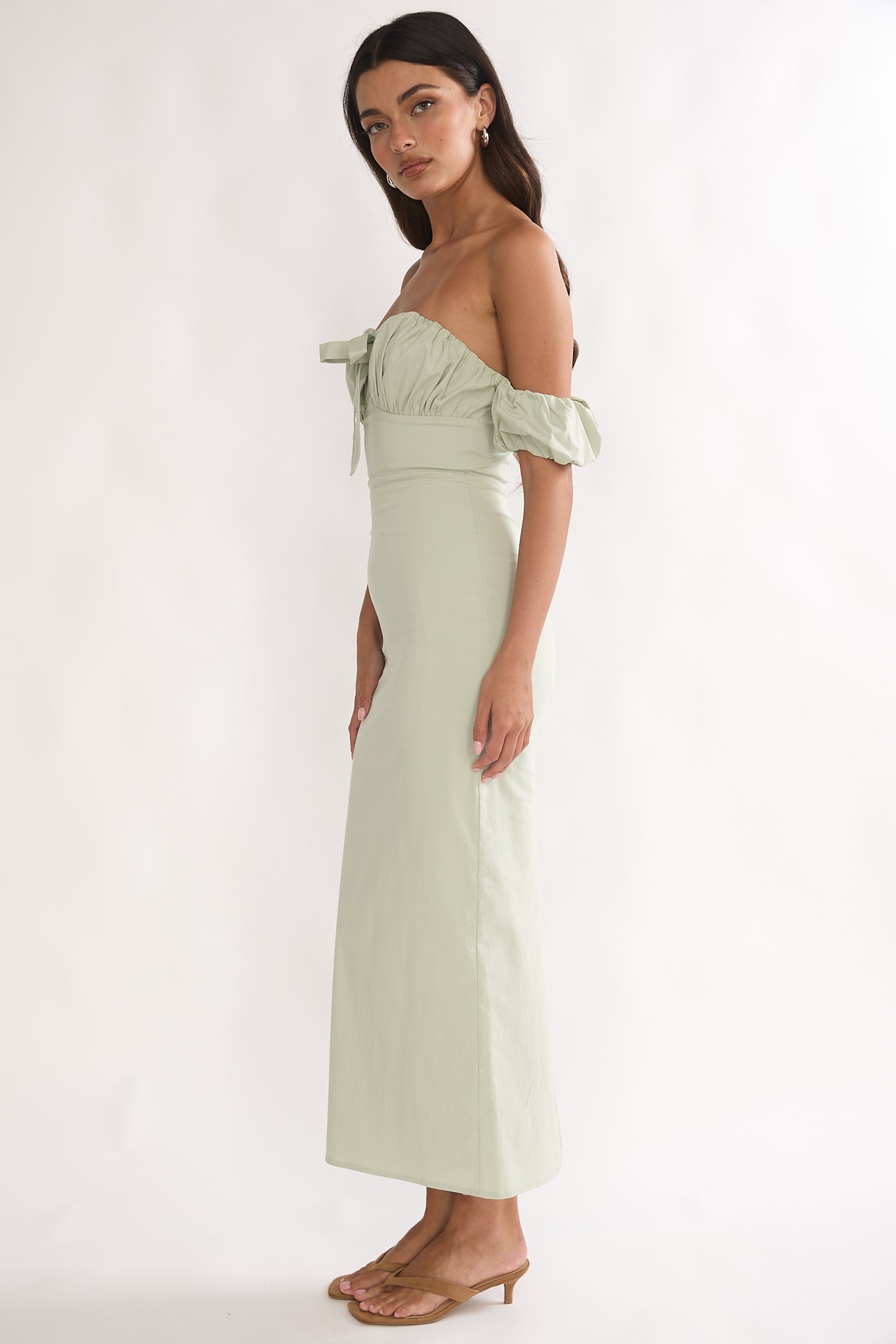 Maelis Off-Shoulder Puff Sleeve Maxi Dress Sage by Selfie Leslie Australia