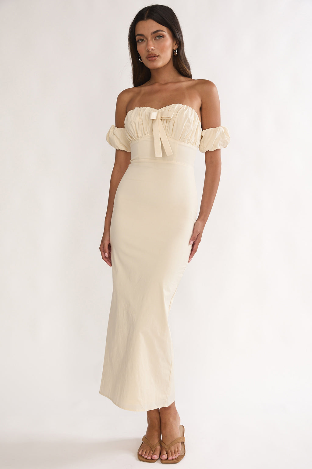 Maelis Off-Shoulder Puff Sleeve Maxi Dress Vanilla by Selfie Leslie Australia