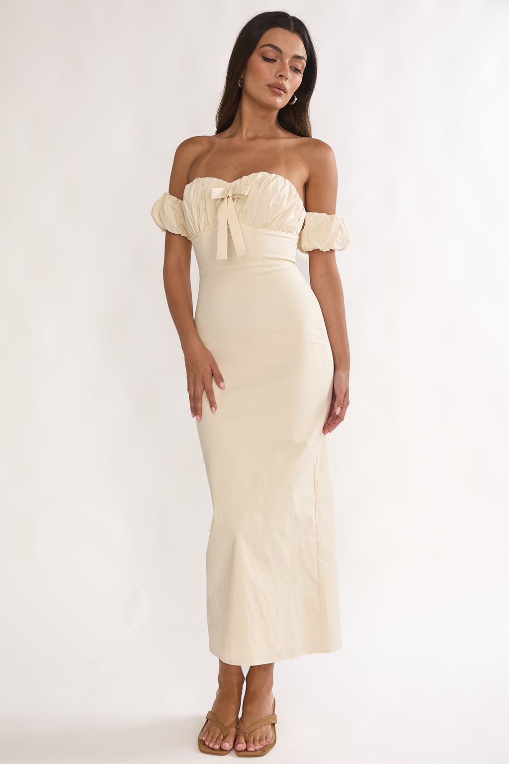 Maelis Off-Shoulder Puff Sleeve Maxi Dress Vanilla by Selfie Leslie Australia