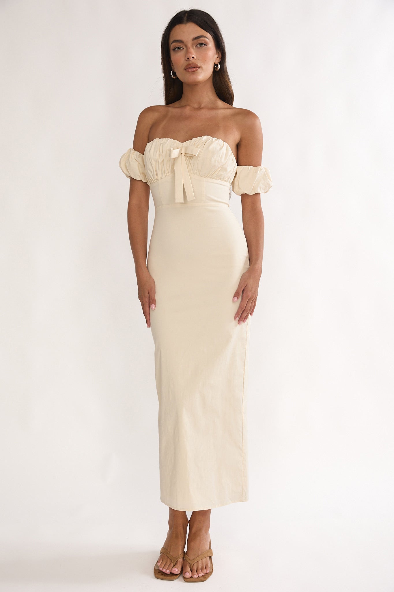 Maelis Off-Shoulder Puff Sleeve Maxi Dress Vanilla by Selfie Leslie Australia