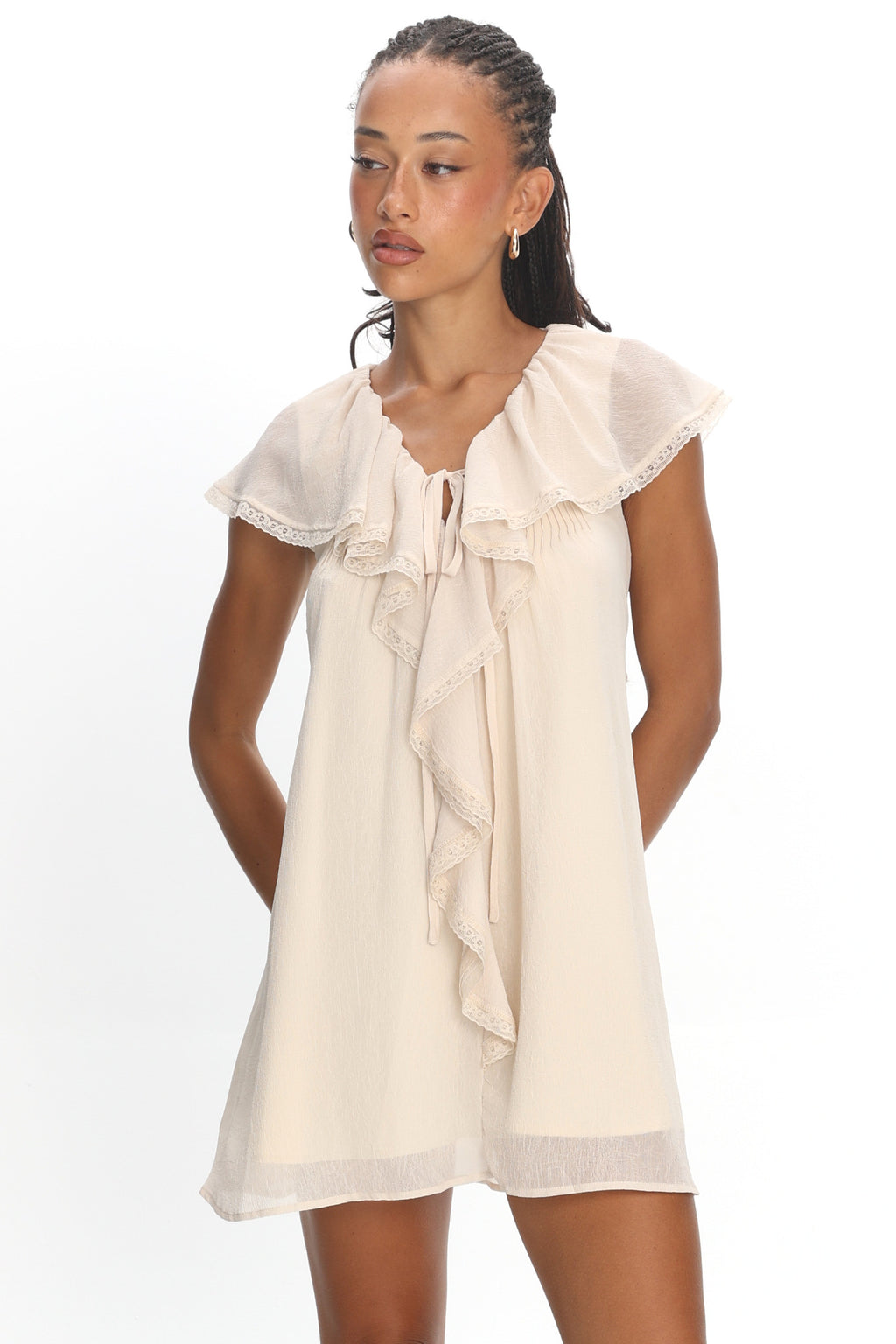 Zeeta Frill Neckline Mini Dress Off White by Selfie Leslie Australia