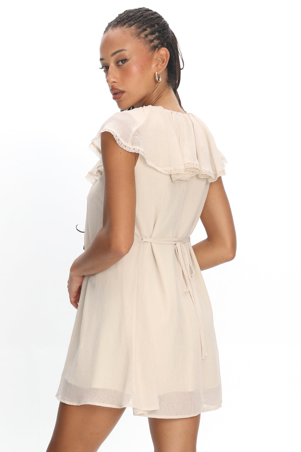 Zeeta Frill Neckline Mini Dress Off White by Selfie Leslie Australia